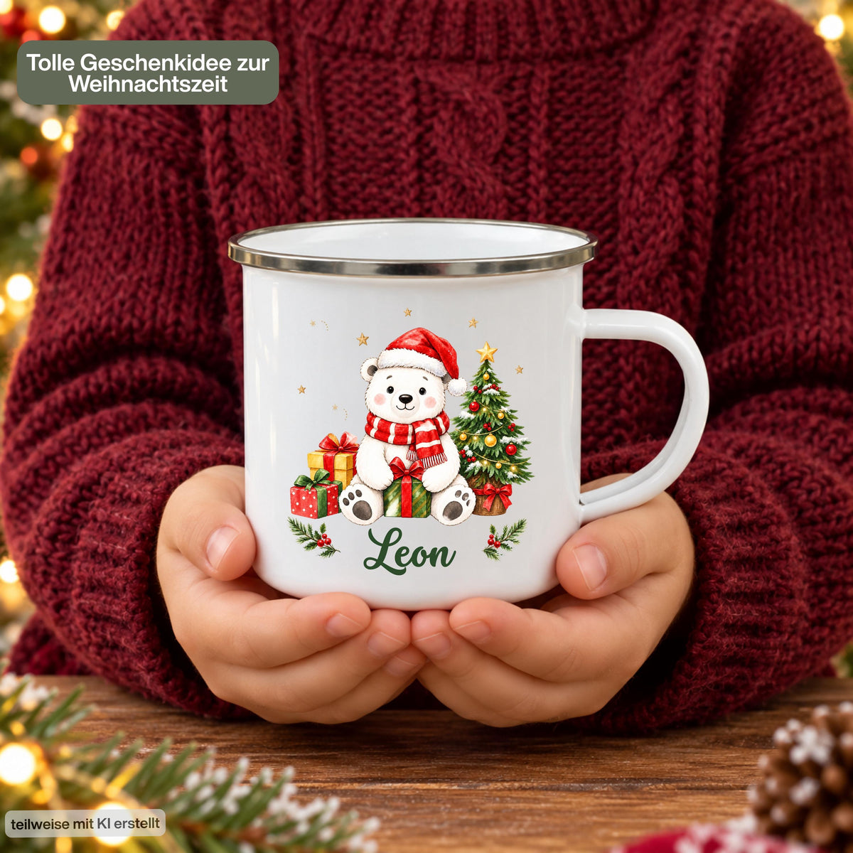 Personalisierte Weihnachtstasse für Kinder aus weißer Emaille mit silberfarbenem Rand und weißem Henkel. Die Kindertasse wird mit Wunschname und ausgewähltem Weihnachtsmotiv bedruckt. Ein persönlicher Kinderbecher als Weihnachtsgeschenk oder Nikolausgeschenk für Kinder, Enkelkinder und Patenkinder. Zur Auswahl stehen Hase, Pinguin, Eisbär, Bär, Rentiere und Igel. Geliefert wird eine Tasse im gewählten Design. Eine Person hält den Weihnachtsbecher mit beiden Händen.