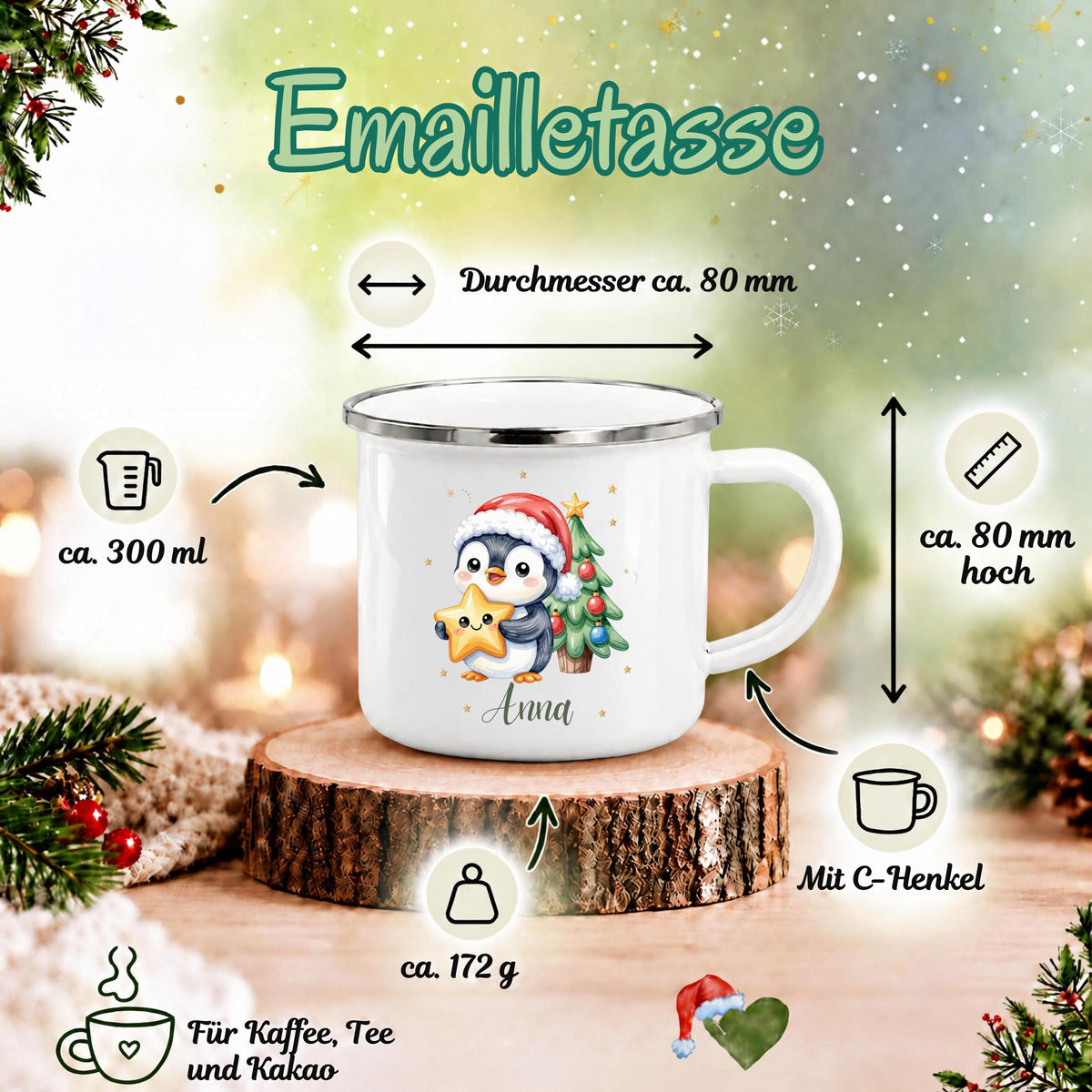 Personalisierte Weihnachtstasse für Kinder aus weißer Emaille mit silberfarbenem Rand und weißem Henkel. Die Kindertasse wird mit Wunschname und ausgewähltem Weihnachtsmotiv bedruckt. Ein persönlicher Kinderbecher als Weihnachtsgeschenk oder Nikolausgeschenk für Kinder, Enkelkinder und Patenkinder. Zur Auswahl stehen Hase, Pinguin, Eisbär, Bär, Rentiere und Igel. Geliefert wird eine Tasse im gewählten Design. Infografik zu Maßen und Material der personalisierten Emailletasse.