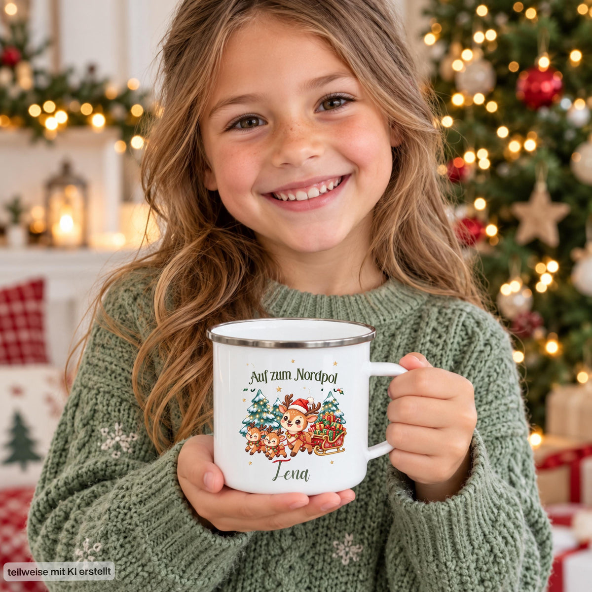 Personalisierte Weihnachtstasse für Kinder aus weißer Emaille mit silberfarbenem Rand und weißem Henkel. Die Kindertasse wird mit Wunschname und ausgewähltem Weihnachtsmotiv bedruckt. Ein persönlicher Kinderbecher als Weihnachtsgeschenk oder Nikolausgeschenk für Kinder, Enkelkinder und Patenkinder. Zur Auswahl stehen Hase, Pinguin, Eisbär, Bär, Rentiere und Igel. Geliefert wird eine Tasse im gewählten Design. Ein Mädchen zeigt die personalisierte Tasse mit Weihnachtsmotiv.