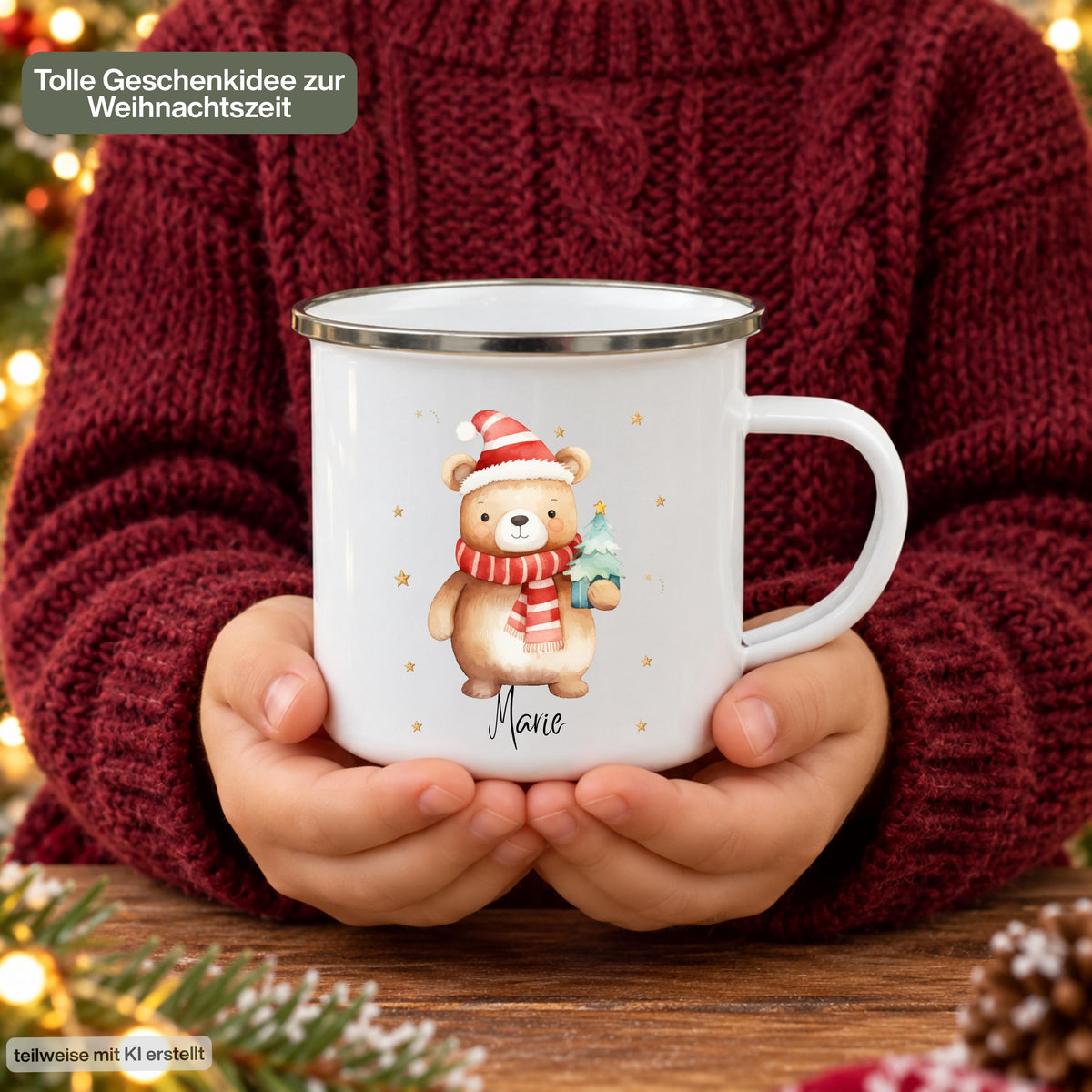 Personalisierte Weihnachtstasse für Kinder aus weißer Emaille mit silberfarbenem Rand und weißem Henkel. Das Motiv zeigt einen braunen Weihnachtsbären mit roter Weihnachtsmütze, rot-weiß gestreiftem Schal und einem grünen Tannenbaum im Arm. Unter dem Bären steht ein Beispielname; die Kindertasse wird mit Wunschname bedruckt. Weihnachtsbecher für Bärenfans und eine Geschenkidee zu Weihnachten oder Nikolaus für Kinder, Enkelkinder und Patenkinder. Die Tasse wird mit beiden Händen gehalten.