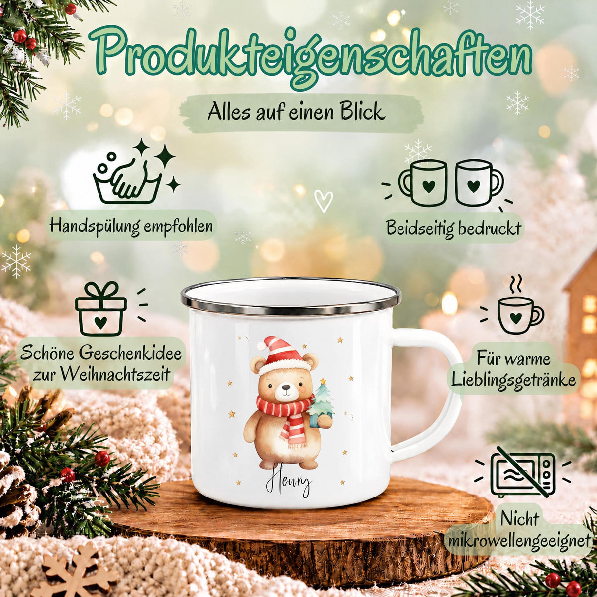 Personalisierte Weihnachtstasse für Kinder aus weißer Emaille mit silberfarbenem Rand und weißem Henkel. Das Motiv zeigt einen braunen Weihnachtsbären mit roter Weihnachtsmütze, rot-weiß gestreiftem Schal und einem grünen Tannenbaum im Arm. Unter dem Bären steht ein Beispielname; die Kindertasse wird mit Wunschname bedruckt. Weihnachtsbecher für Bärenfans und eine Geschenkidee zu Weihnachten oder Nikolaus für Kinder, Enkelkinder und Patenkinder. Infografik zu den Produkteigenschaften.