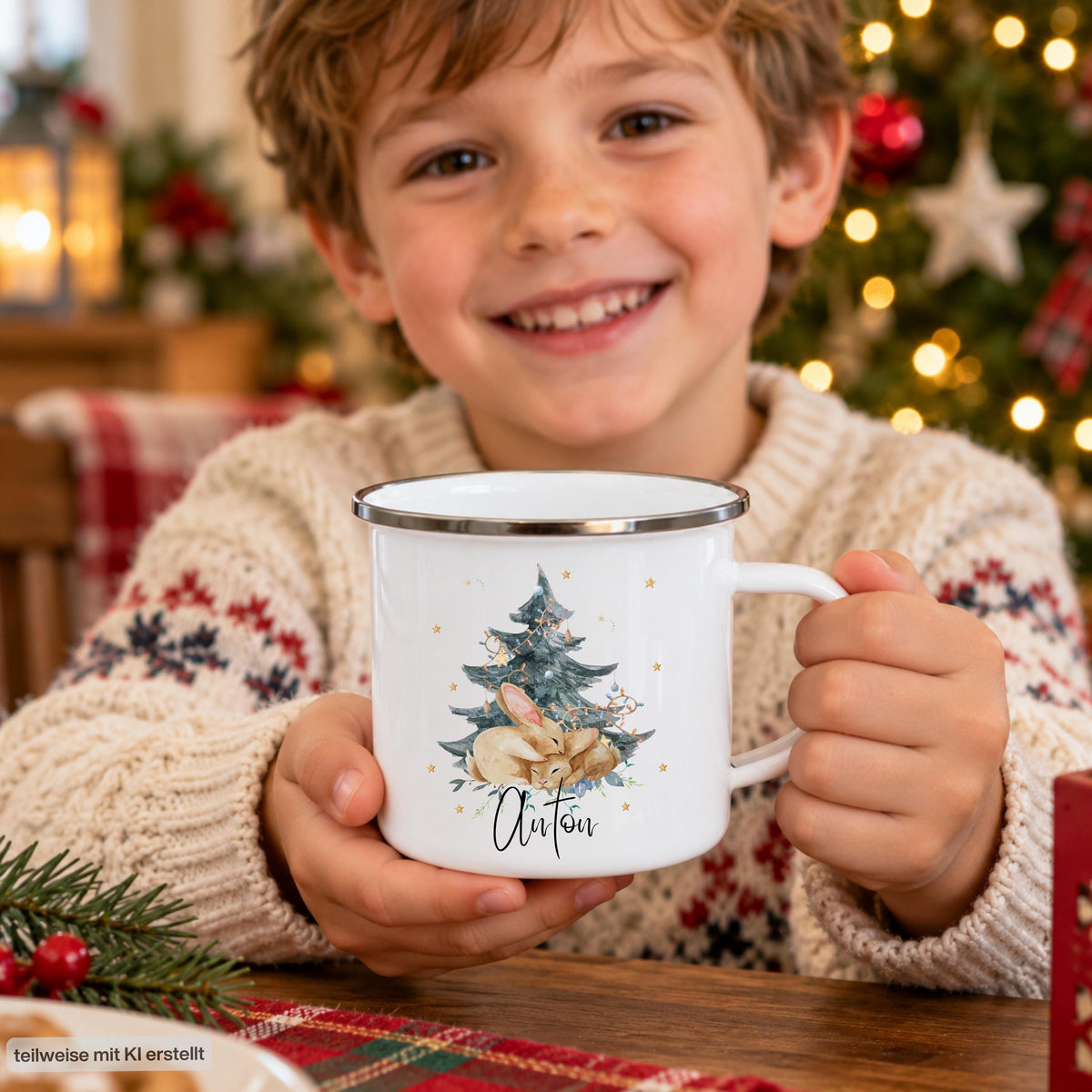 Personalisierte Weihnachtstasse für Kinder aus weißer Emaille mit silberfarbenem Rand und weißem Henkel. Das Hasenmotiv zeigt zwei braune Hasen unter einem geschmückten Weihnachtsbaum. Unter der winterlichen Illustration steht ein Beispielname; die Kindertasse wird mit Wunschname bedruckt. Persönlicher Weihnachtsbecher für kleine Hasenfans und eine Geschenkidee zu Weihnachten oder Nikolaus für Kinder, Enkelkinder und Patenkinder. Ein Junge zeigt die Tasse mit Namensdruck.