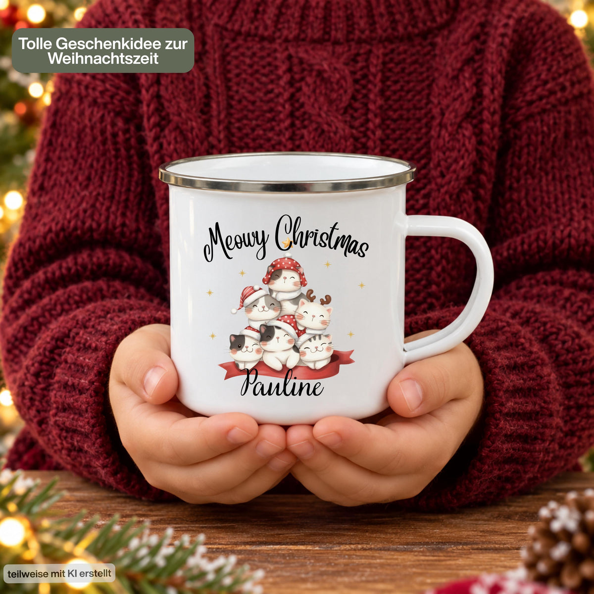 Personalisierte Weihnachtstasse für Kinder aus weißer Emaille mit silberfarbenem Rand und weißem Henkel. Sechs Katzen mit verschiedenen Fellfarben und Weihnachtsaccessoires bilden das Motiv unter dem Schriftzug „Meowy Christmas“. Darunter steht ein Beispielname; die Kindertasse wird mit Wunschname bedruckt. Persönlicher Weihnachtsbecher für Katzenfans und eine Geschenkidee zu Weihnachten oder Nikolaus für Kinder, Enkelkinder und Patenkinder. Eine Person hält die Tasse mit beiden Händen.
