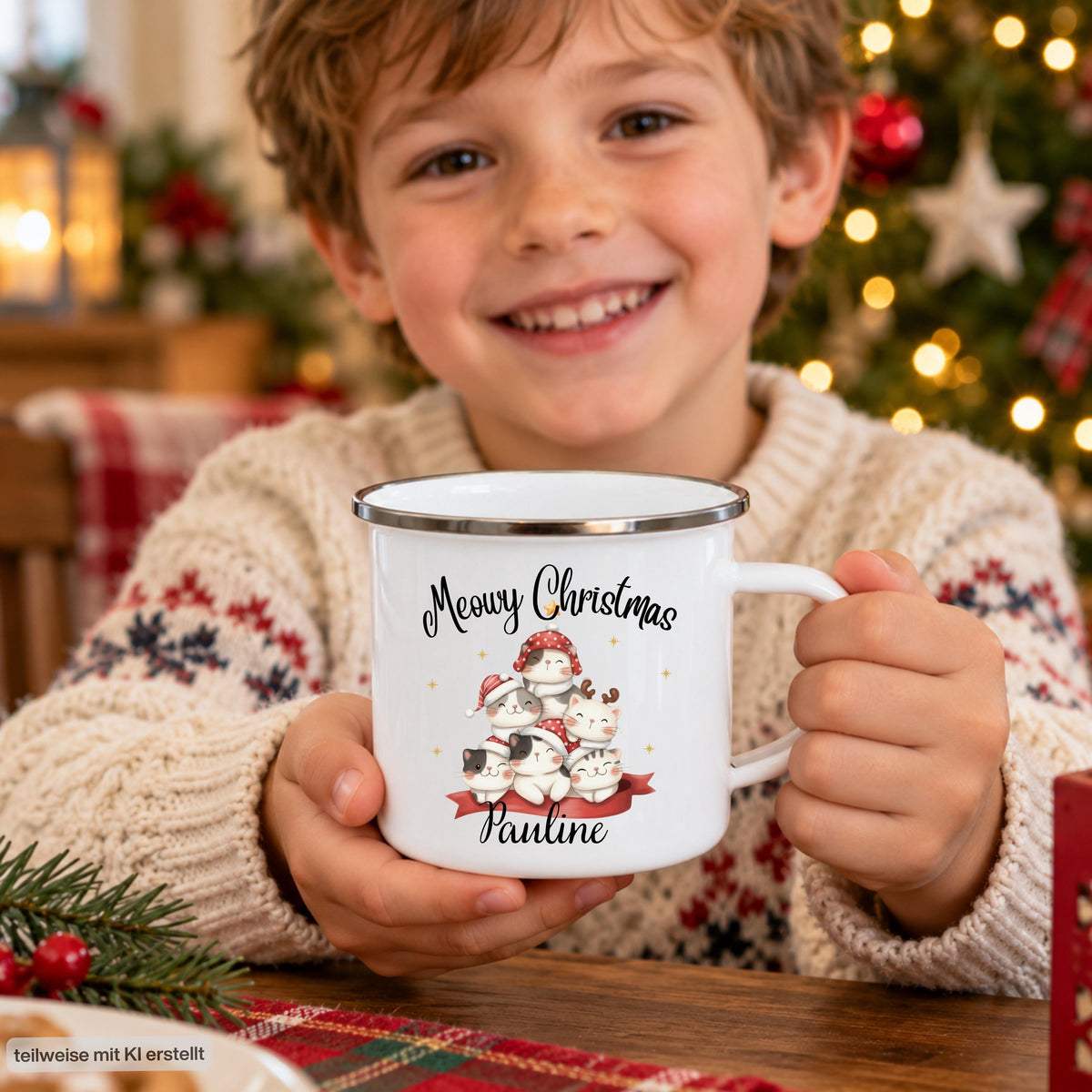 Personalisierte Weihnachtstasse für Kinder aus weißer Emaille mit silberfarbenem Rand und weißem Henkel. Sechs Katzen mit verschiedenen Fellfarben und Weihnachtsaccessoires bilden das Motiv unter dem Schriftzug „Meowy Christmas“. Darunter steht ein Beispielname; die Kindertasse wird mit Wunschname bedruckt. Persönlicher Weihnachtsbecher für Katzenfans und eine Geschenkidee zu Weihnachten oder Nikolaus für Kinder, Enkelkinder und Patenkinder. Ein Junge zeigt die Tasse mit Namensdruck.