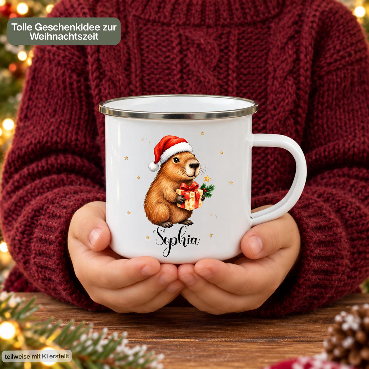 Personalisierte Weihnachtstasse für Kinder aus weißer Emaille mit silberfarbenem Rand und weißem Henkel. Das Weihnachtsmotiv zeigt ein Capybara mit roter Weihnachtsmütze und einem Geschenk mit roter Schleife. Unter dem Tiermotiv steht ein Beispielname; die Kindertasse wird mit Wunschname bedruckt. Persönlicher Weihnachtsbecher für Capybara-Fans und eine Geschenkidee zu Weihnachten oder Nikolaus für Kinder, Enkelkinder und Patenkinder. Ansicht der Tasse in den Händen einer Person.