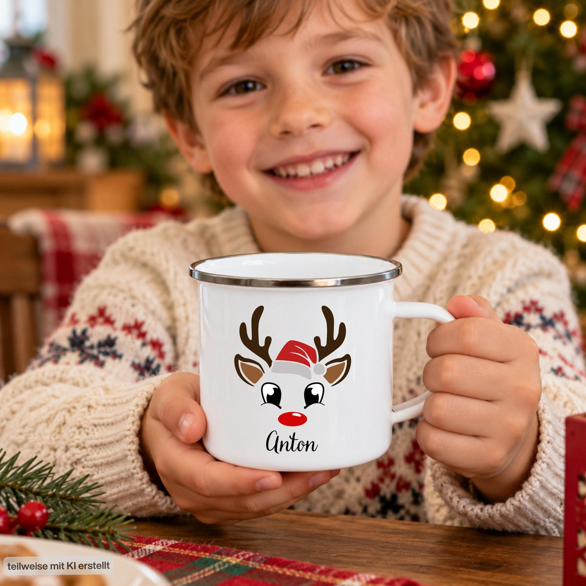 Junge hält einen Kinderbecher mit Namen und Rentiermotiv in weihnachtlicher Umgebung. Weihnachtstasse mit Namen für Familien, Emaille-Tasse personalisiert mit Wunschname. Als Tasse für Mama und Papa, Kindertasse mit Namen oder Kinderbecher mit Namen. Persönlicher Weihnachtsbecher für die Adventszeit, Nikolaus-Tasse und Weihnachtsgeschenk für Kinder, Oma und Opa. Eine Geschenkidee für personalisierte Geschenke und kleine Weihnachtsgeschenke zu Weihnachten. Individuell mit Wunschname.