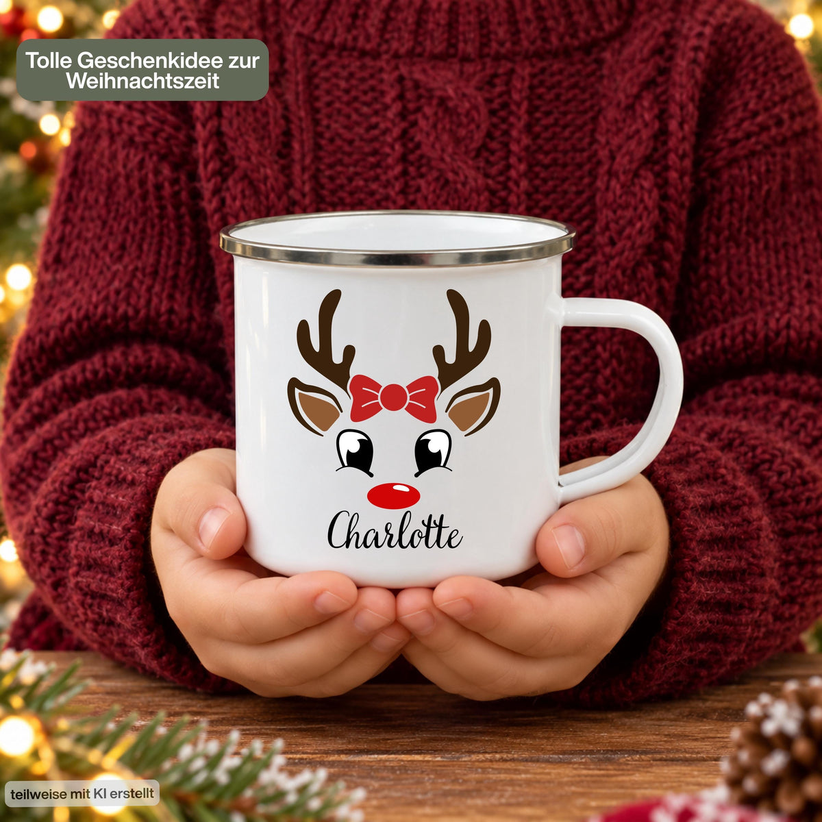 Nahansicht einer gehaltenen Weihnachtstasse mit Namen Charlotte und Rentier mit Schleife. Emaille-Tasse mit Namen für die ganze Familie: personalisierte Weihnachtstasse für Mama, Papa, Oma, Opa und Kinder. Der Weihnachtsbecher mit Wunschname eignet sich als Nikolaus-Tasse, Weihnachtsgeschenk für Kinder oder Weihnachtsgeschenk für Oma und Opa. Kindertasse mit Namen und Kinderbecher mit Namen als persönliche Geschenkidee für Advent, Nikolaus und kleine Weihnachtsgeschenke. Mit Wunschname.