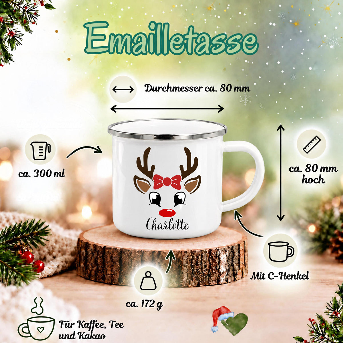 Maßübersicht der personalisierten Emaille-Tasse: etwa 300 ml Inhalt, 80 mm Höhe und Durchmesser. Emaille-Tasse mit Namen für die ganze Familie: personalisierte Weihnachtstasse für Mama, Papa, Oma, Opa und Kinder. Der Weihnachtsbecher mit Wunschname eignet sich als Nikolaus-Tasse, Weihnachtsgeschenk für Kinder oder Weihnachtsgeschenk für Oma und Opa. Kindertasse mit Namen und Kinderbecher mit Namen als persönliche Geschenkidee für Advent, Nikolaus und kleine Weihnachtsgeschenke.