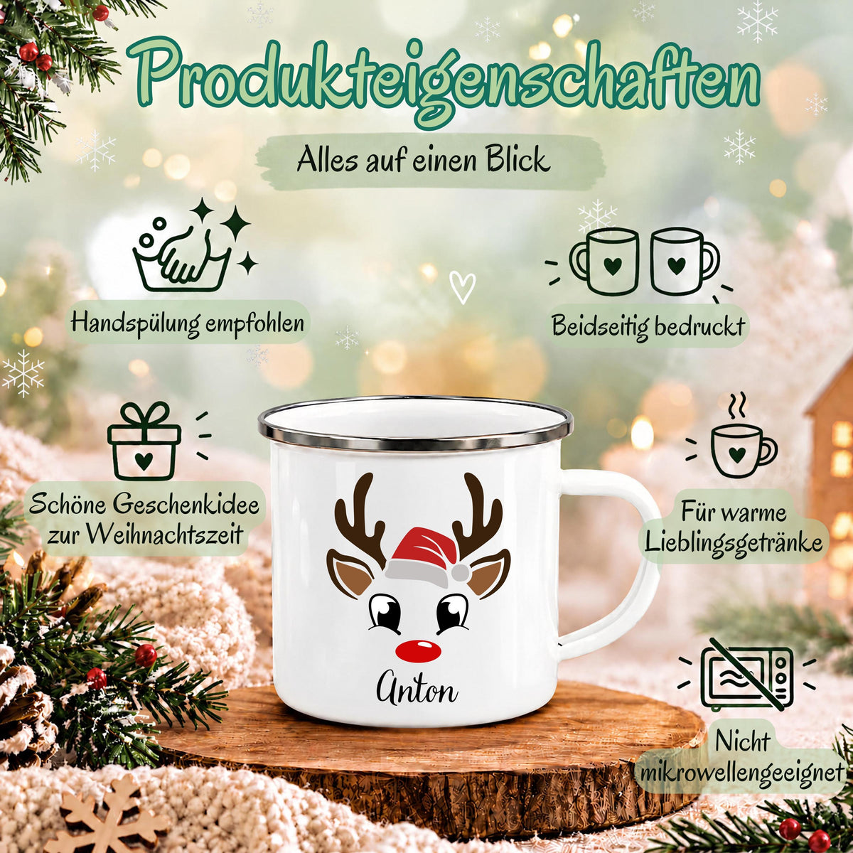 Produktinformationen zur weißen Emaille-Tasse mit Namen und weihnachtlichem Rentierdesign. Weihnachtstasse mit Namen für Familien, Emaille-Tasse personalisiert mit Wunschname. Als Tasse für Mama und Papa, Kindertasse mit Namen oder Kinderbecher mit Namen. Persönlicher Weihnachtsbecher für die Adventszeit, Nikolaus-Tasse und Weihnachtsgeschenk für Kinder, Oma und Opa. Eine Geschenkidee für personalisierte Geschenke und kleine Weihnachtsgeschenke zu Weihnachten. Individuell mit Wunschname.