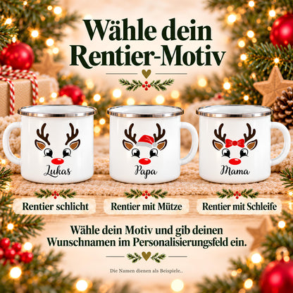 Motivübersicht mit drei personalisierten Emaille-Tassen: Rentier schlicht, mit Mütze oder Schleife. Weihnachtstasse mit Namen für Familien, Emaille-Tasse personalisiert mit Wunschname. Als Tasse für Mama und Papa, Kindertasse mit Namen oder Kinderbecher mit Namen. Persönlicher Weihnachtsbecher für die Adventszeit, Nikolaus-Tasse und Weihnachtsgeschenk für Kinder, Oma und Opa. Eine Geschenkidee für personalisierte Geschenke und kleine Weihnachtsgeschenke zu Weihnachten. Mit Wunschname.