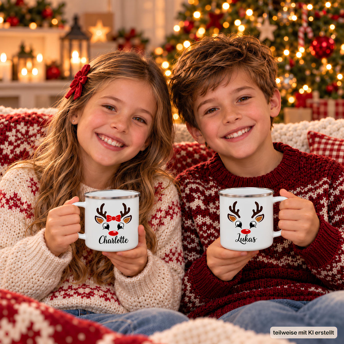 Zwei Kinder mit personalisierten Weihnachtsbechern mit Namen und verschiedenen Rentiermotiven. Weihnachtstasse mit Namen für Familien, Emaille-Tasse personalisiert mit Wunschname. Als Tasse für Mama und Papa, Kindertasse mit Namen oder Kinderbecher mit Namen. Persönlicher Weihnachtsbecher für die Adventszeit, Nikolaus-Tasse und Weihnachtsgeschenk für Kinder, Oma und Opa. Eine Geschenkidee für personalisierte Geschenke und kleine Weihnachtsgeschenke zu Weihnachten. Individuell mit Wunschname.