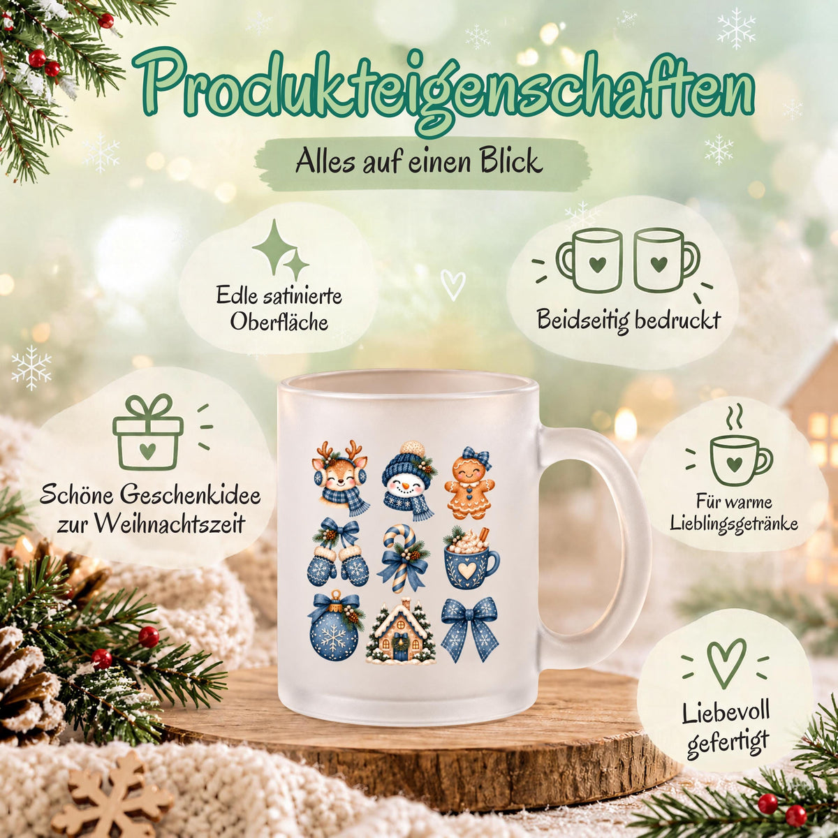 Diese Weihnachtstasse mit Weihnachtsmotiven ist die ideale Kaffeetasse Weihnachten für die Adventszeit. Als Weihnachtsbecher aus satiniertem Glas, beidseitig bedruckt mit 300 ml Fassungsvermögen, eignet sich diese Winter Tasse perfekt als Weihnachtsgeschenk oder Wichtelgeschenk. Ob als Nikolaus Tasse, Mitbringsel oder Teil eines Weihnachtstassen Sets fürs ganze Team – eine schöne Geschenkidee für Kaffee, Tee, Kakao oder Glühwein. Glühweintasse, Weihnachtstasse, Weihnachtsbecher