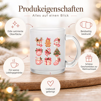 Diese Weihnachtstasse ist ein zauberhafter Weihnachtsbecher für die Adventszeit. Aus satiniertem, transparentem Glas gefertigt und beidseitig bedruckt, bietet diese Winter Tasse ein Fassungsvermögen von 300 ml und eignet sich perfekt als Weihnachtsgeschenk, Wichtelgeschenk oder Nikolaus Tasse. Ob als kleines Mitbringsel, Geschenkidee für Kolleginnen oder liebevolle Kaffeetasse Weihnachten für Kaffee, Tee, Kakao und Glühwein – diese Tasse mit Weihnachtsmotiv passt zu jedem winterlichen Anlass.