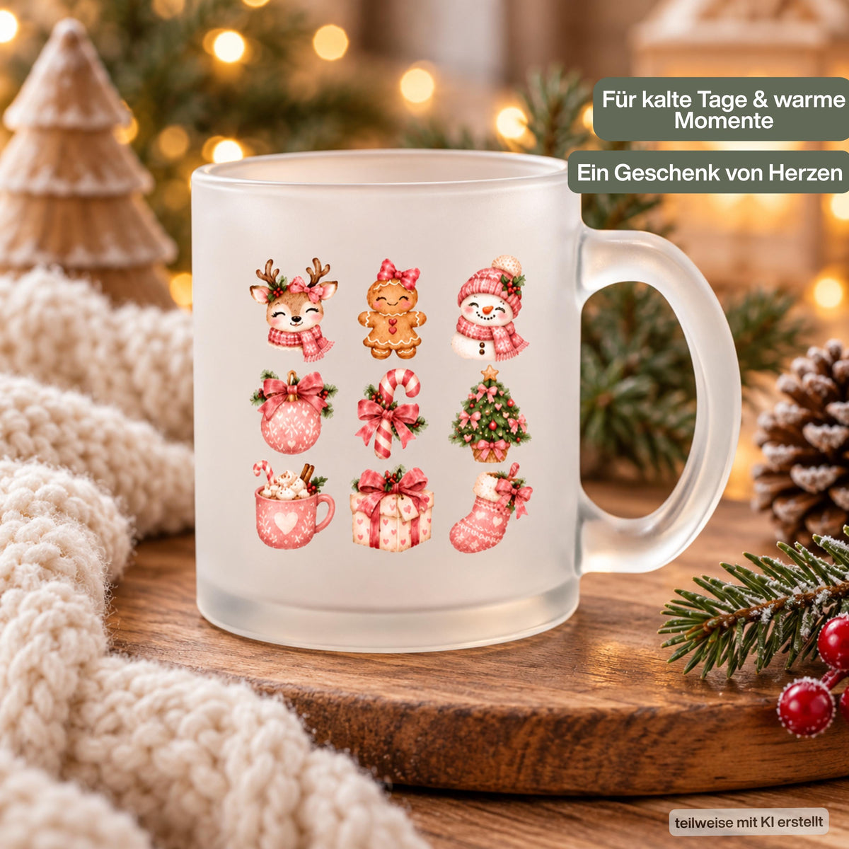 Diese Weihnachtstasse ist ein zauberhafter Weihnachtsbecher für die Adventszeit. Aus satiniertem, transparentem Glas gefertigt und beidseitig bedruckt, bietet diese Winter Tasse ein Fassungsvermögen von 300 ml und eignet sich perfekt als Weihnachtsgeschenk, Wichtelgeschenk oder Nikolaus Tasse. Ob als kleines Mitbringsel, Geschenkidee für Kolleginnen oder liebevolle Kaffeetasse Weihnachten für Kaffee, Tee, Kakao und Glühwein – diese Tasse mit Weihnachtsmotiv passt zu jedem winterlichen Anlass.
