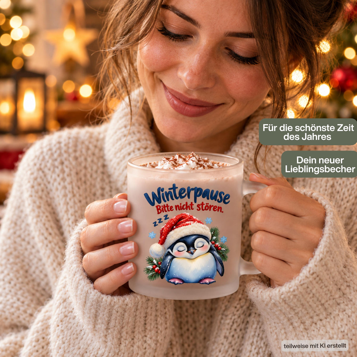 Diese Tasse Weihnachten zeigt einen schlafenden Pinguin mit Nikolausmütze und den Spruch 'Winterpause: Bitte nicht stören', umgeben von Tannenzweigen und Schneeflocken. Als Weihnachtsbecher aus satiniertem Glas mit 300 ml Fassungsvermögen eignet sie sich perfekt als Weihnachtsgeschenk, Wichtelgeschenk oder Nikolaus Tasse. Eine humorvolle Kaffeetasse Weihnachten für Kaffee, Tee, Kakao und Glühwein, ideal als Winter Tasse für alle, die den Winter am liebsten verschlafen würden.