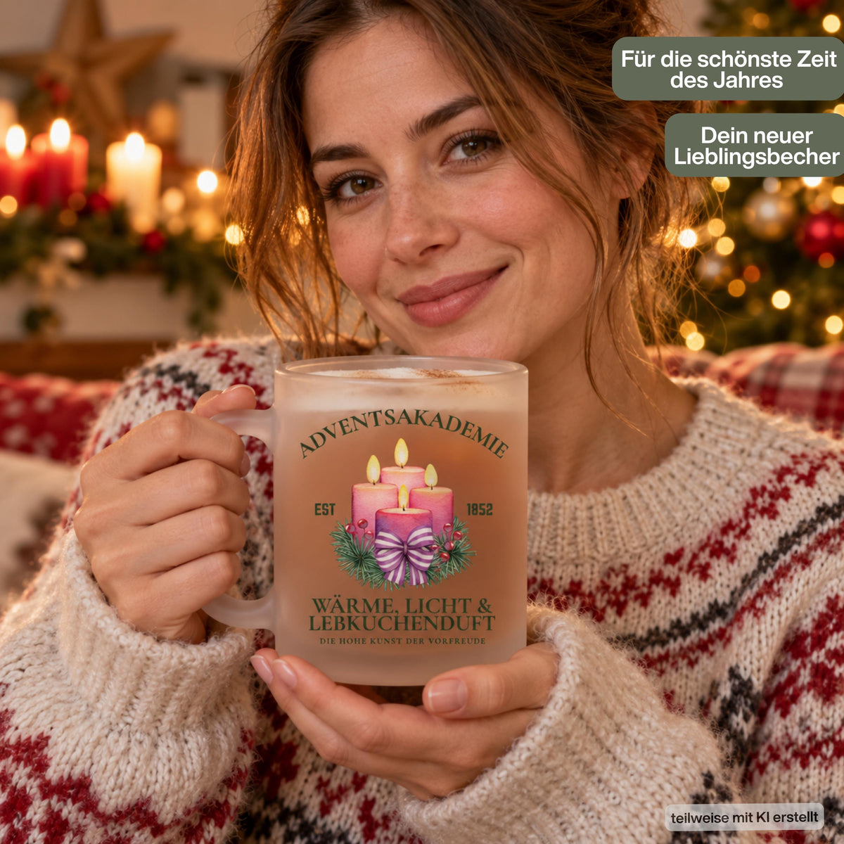 Eine Frau hält die Adventsakademie-Weihnachtstasse aus satiniertem Glas. Der Becher zeigt vier rosa Adventskerzen, Tannengrün und eine gestreifte Schleife mit dem Spruch „Wärme, Licht & Lebkuchenduft“. Das Weihnachtsmotiv ist beidseitig auf die Glastasse gedruckt. Mit ca. 300 ml Fassungsvermögen und einem Henkel eignet sie sich für Kaffee, Tee und heißen Kakao. Eine Geschenkidee für Freundin, Kollegin oder Familie zu Weihnachten, zum Nikolaus oder als kleines Wichtelgeschenk im Advent.