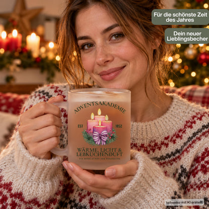 Eine Frau hält die Adventsakademie-Weihnachtstasse aus satiniertem Glas. Der Becher zeigt vier rosa Adventskerzen, Tannengrün und eine gestreifte Schleife mit dem Spruch „Wärme, Licht & Lebkuchenduft“. Das Weihnachtsmotiv ist beidseitig auf die Glastasse gedruckt. Mit ca. 300 ml Fassungsvermögen und einem Henkel eignet sie sich für Kaffee, Tee und heißen Kakao. Eine Geschenkidee für Freundin, Kollegin oder Familie zu Weihnachten, zum Nikolaus oder als kleines Wichtelgeschenk im Advent.
