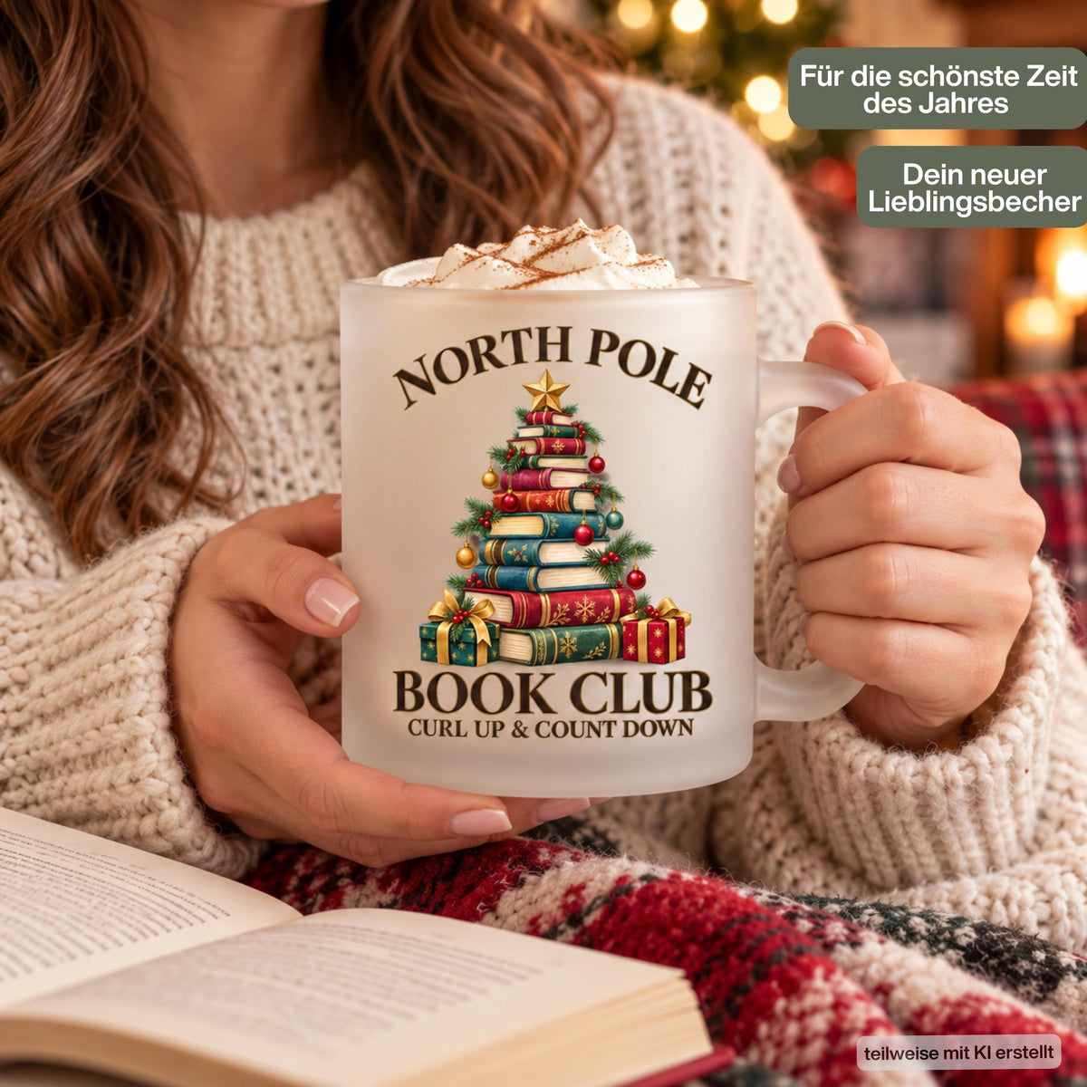 Diese Weihnachtstasse zeigt einen Weihnachtsbaum aus gestapelten Büchern mit dem Schriftzug 'North Pole Book Club – Curl Up & Count Down' im Vintage-Gold-Rot-Grün-Design. Als Weihnachtsbecher aus satiniertem Glas mit 300 ml Fassungsvermögen eignet sie sich perfekt als Weihnachtsgeschenk, Wichtelgeschenk oder Nikolaus Tasse für Bücherfans. Eine liebevolle Kaffeetasse Weihnachten für Kaffee, Tee, Kakao und Glühwein, ideal als Winter Tasse für gemütliche Lesestunden