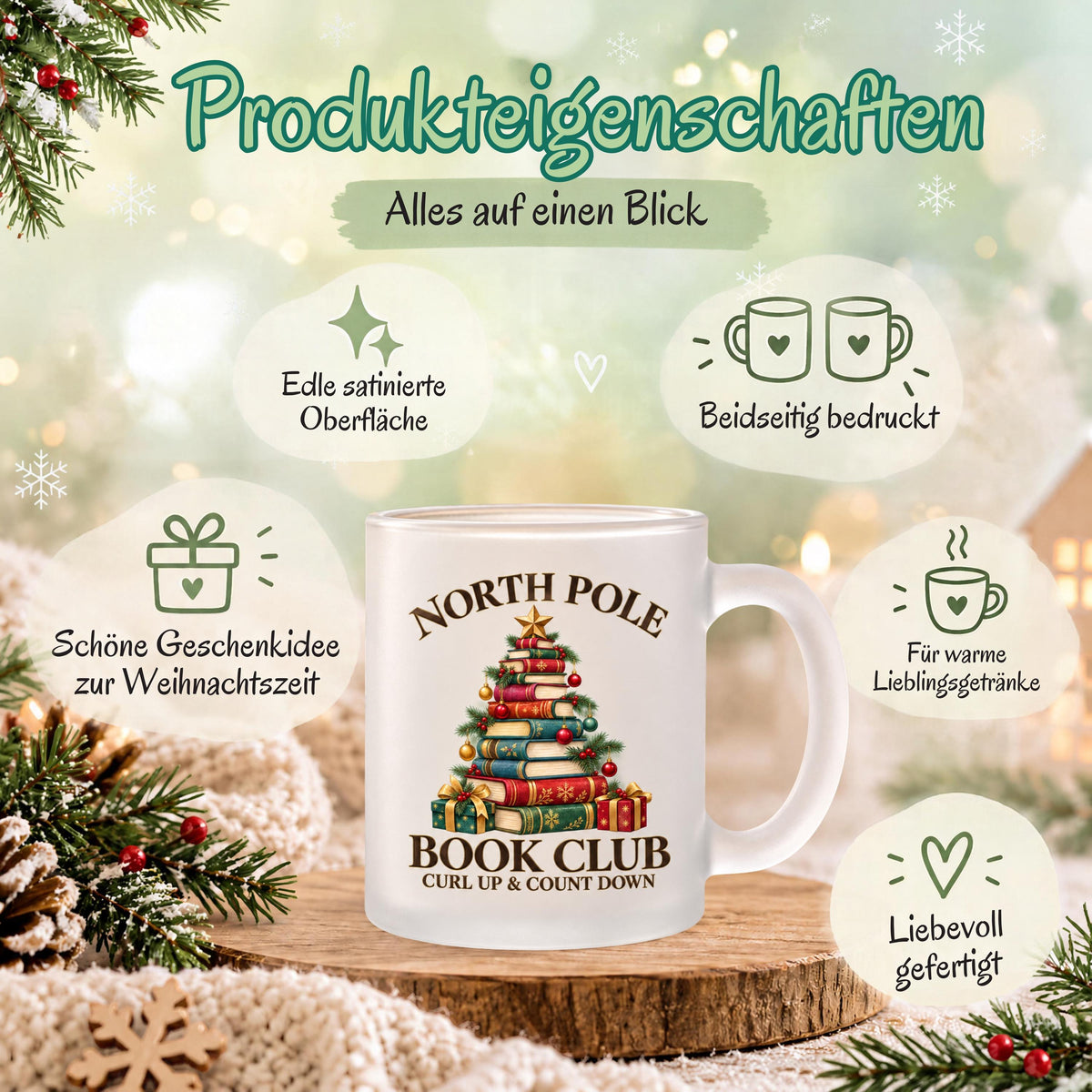 Diese Weihnachtstasse zeigt einen Weihnachtsbaum aus gestapelten Büchern mit dem Schriftzug 'North Pole Book Club – Curl Up & Count Down' im Vintage-Gold-Rot-Grün-Design. Als Weihnachtsbecher aus satiniertem Glas mit 300 ml Fassungsvermögen eignet sie sich perfekt als Weihnachtsgeschenk, Wichtelgeschenk oder Nikolaus Tasse für Bücherfans. Eine liebevolle Kaffeetasse Weihnachten für Kaffee, Tee, Kakao und Glühwein, ideal als Winter Tasse für gemütliche Lesestunden