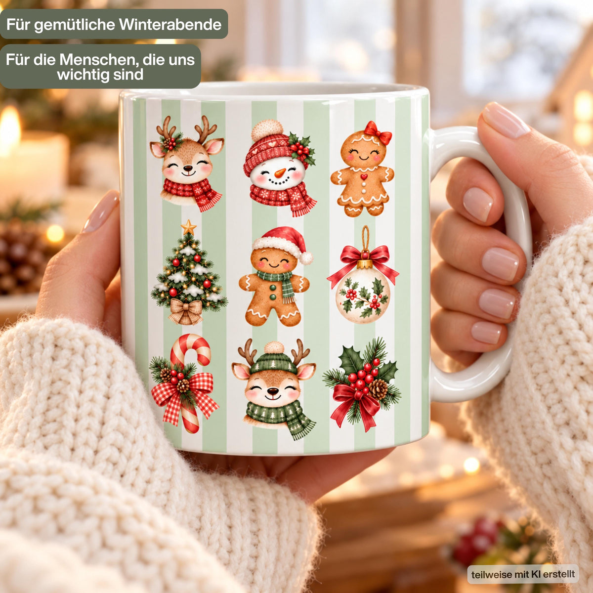 Diese Weihnachtstasse im trendigen Streifen-Design zeigt Rentiere, Schneemann, Lebkuchenfiguren, Christbaumschmuck und Zuckerstange rundherum bedruckt, erhältlich in Beige, Grün und Blau. Als Kaffeetasse Weihnachten aus Keramik mit 330 ml Fassungsvermögen eignet sich diese Tasse perfekt als Weihnachtsgeschenk, Wichtelgeschenk oder Nikolaus Tasse. Eine schöne Winter Tasse für Kaffee, Tee, Kakao und Glühwein, ideal als Tasse mit Weihnachtsmotiv für die ganze Adventszeit. Weihnachtstasse