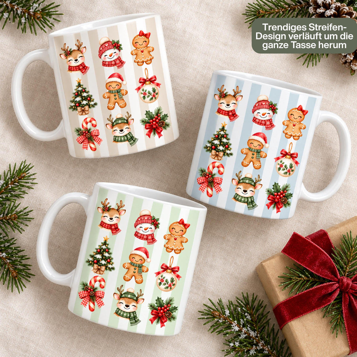 Diese Weihnachtstasse im trendigen Streifen-Design zeigt Rentiere, Schneemann, Lebkuchenfiguren, Christbaumschmuck und Zuckerstange rundherum bedruckt, erhältlich in Beige, Grün und Blau. Als Kaffeetasse Weihnachten aus Keramik mit 330 ml Fassungsvermögen eignet sich diese Tasse perfekt als Weihnachtsgeschenk, Wichtelgeschenk oder Nikolaus Tasse. Eine schöne Winter Tasse für Kaffee, Tee, Kakao und Glühwein, ideal als Tasse mit Weihnachtsmotiv für die ganze Adventszeit. Weihnachtstasse