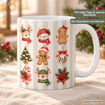 Diese Weihnachtstasse im trendigen Streifen-Design zeigt Rentiere, Schneemann, Lebkuchenfiguren, Christbaumschmuck und Zuckerstange rundherum bedruckt, erhältlich in Beige, Grün und Blau. Als Kaffeetasse Weihnachten aus Keramik mit 330 ml Fassungsvermögen eignet sich diese Tasse perfekt als Weihnachtsgeschenk, Wichtelgeschenk oder Nikolaus Tasse. Eine schöne Winter Tasse für Kaffee, Tee, Kakao und Glühwein, ideal als Tasse mit Weihnachtsmotiv für die ganze Adventszeit. Weihnachtstasse