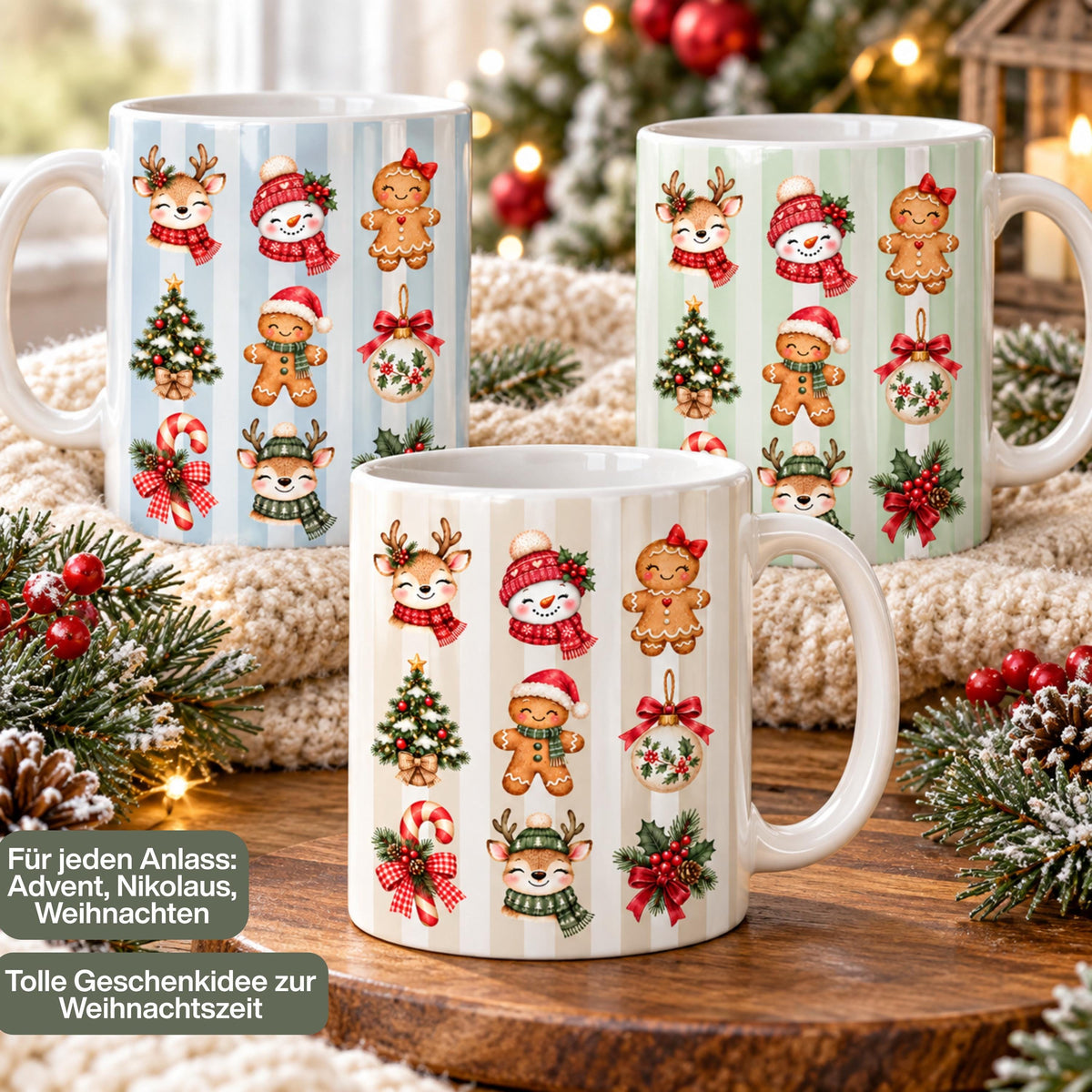 Diese Weihnachtstasse im trendigen Streifen-Design zeigt Rentiere, Schneemann, Lebkuchenfiguren, Christbaumschmuck und Zuckerstange rundherum bedruckt, erhältlich in Beige, Grün und Blau. Als Kaffeetasse Weihnachten aus Keramik mit 330 ml Fassungsvermögen eignet sich diese Tasse perfekt als Weihnachtsgeschenk, Wichtelgeschenk oder Nikolaus Tasse. Eine schöne Winter Tasse für Kaffee, Tee, Kakao und Glühwein, ideal als Tasse mit Weihnachtsmotiv für die ganze Adventszeit. Weihnachtstasse