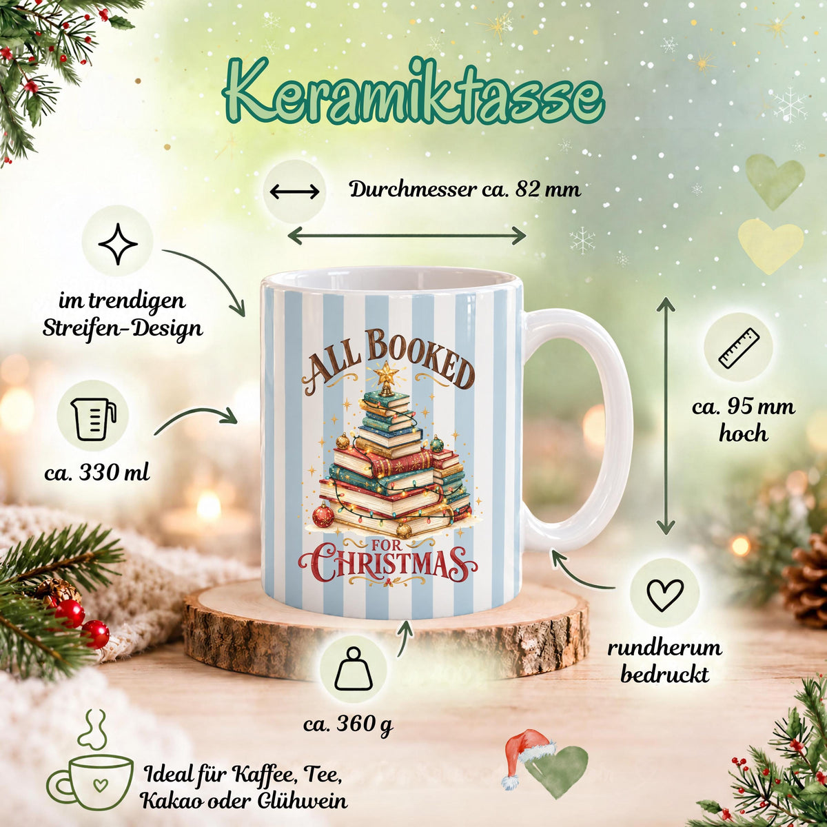 Diese Kaffeetasse Weihnachten zeigt einen Weihnachtsbaum aus gestapelten Büchern im Streifen-Design, erhältlich in Beige, Blau und Grün. Als Weihnachtsbecher aus Keramik mit 330 ml Fassungsvermögen ist diese Weihnachtstasse eine tolle Geschenkidee für Bücherfans, ob als Wichtelgeschenk, Nikolaus Tasse oder Weihnachtsgeschenk. Diese Tasse mit Weihnachtsmotiv eignet sich als Winter Tasse für Kaffee, Tee, Kakao und Glühwein und für gemütliche Lesestunden in der Adventszeit.
