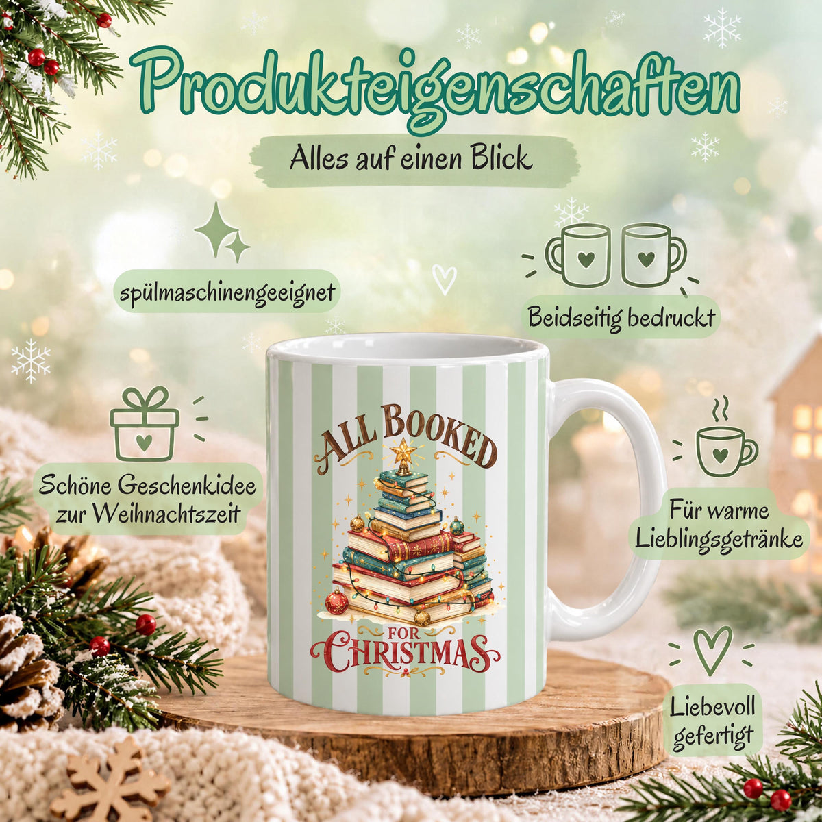 Diese Kaffeetasse Weihnachten zeigt einen Weihnachtsbaum aus gestapelten Büchern im Streifen-Design, erhältlich in Beige, Blau und Grün. Als Weihnachtsbecher aus Keramik mit 330 ml Fassungsvermögen ist diese Weihnachtstasse eine tolle Geschenkidee für Bücherfans, ob als Wichtelgeschenk, Nikolaus Tasse oder Weihnachtsgeschenk. Diese Tasse mit Weihnachtsmotiv eignet sich als Winter Tasse für Kaffee, Tee, Kakao und Glühwein und für gemütliche Lesestunden in der Adventszeit.