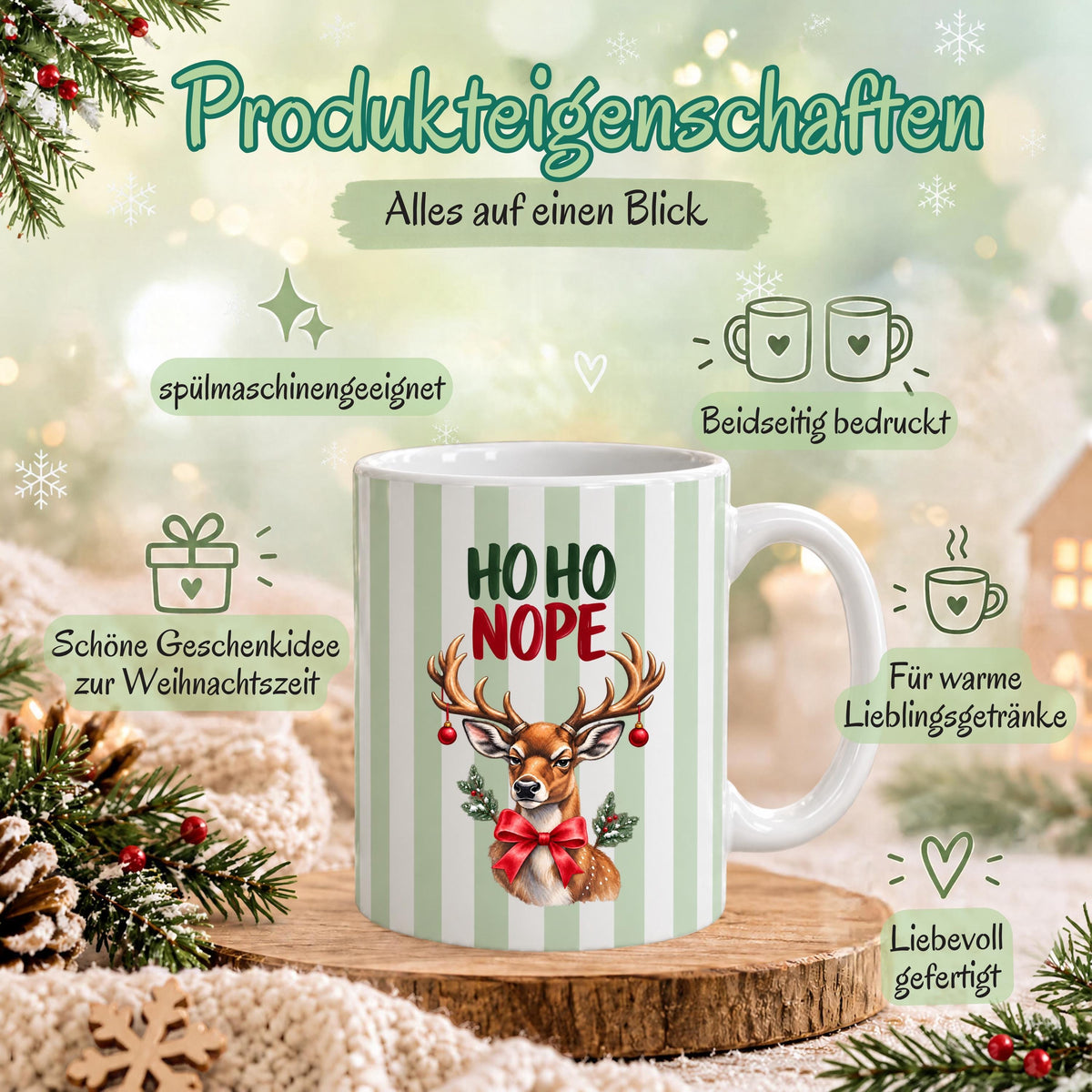 Lustige Weihnachtstasse mit Anti Weihnachten Spruch „Ho Ho Nope" zeigt diese Keramiktasse Weihnachten in drei Farben: Beige, Grün und Blau, jeweils mit feinem Streifendesign. Auf jeder Kaffeetasse Weihnachten blickt ein skeptisches Rentier mit rotem Schleifchen und Christbaumkugeln im Geweih. Diese lustige Weihnachtstasse mit Anti Weihnachten Sprüche eignet sich als Wichtelgeschenk Tasse, Weihnachtsgeschenk Tasse oder Weihnachtsbecher Geschenk für alle mit Humor zur Adventszeit.