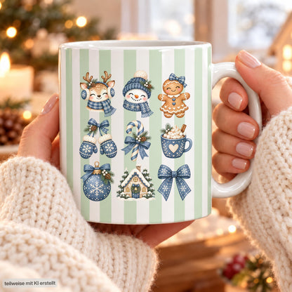 Weihnachtstasse mit winterlichen Wintermotiven zeigt diese Keramiktasse Weihnachten in vier Farben. Diese Kaffeetasse Weihnachten sorgt mit ihrem Design für Adventsstimmung und eignet sich als Wichtelgeschenk-Tasse, Weihnachtsgeschenk-Tasse oder Weihnachtsbecher Geschenk für alle, die Weihnachten lieben. Als Winter Tasse Geschenk oder Winterkaffeetasse begleitet sie dich durch die ganze Weihnachten-und-Winter-Zeit, egal ob als Geschenk für dich selbst oder für liebe Menschen in deinem Leben.