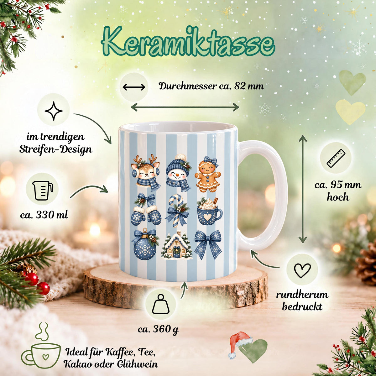 Weihnachtstasse mit winterlichen Wintermotiven zeigt diese Keramiktasse Weihnachten in vier Farben. Diese Kaffeetasse Weihnachten sorgt mit ihrem Design für Adventsstimmung und eignet sich als Wichtelgeschenk-Tasse, Weihnachtsgeschenk-Tasse oder Weihnachtsbecher Geschenk für alle, die Weihnachten lieben. Als Winter Tasse Geschenk oder Winterkaffeetasse begleitet sie dich durch die ganze Weihnachten-und-Winter-Zeit, egal ob als Geschenk für dich selbst oder für liebe Menschen in deinem Leben.