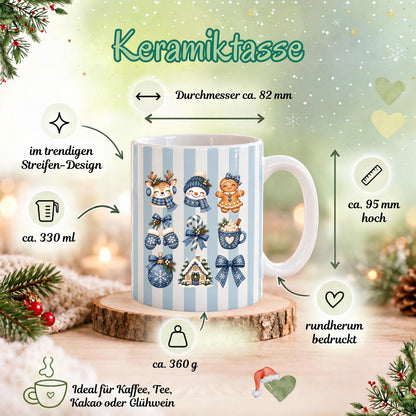 Weihnachtstasse mit winterlichen Wintermotiven zeigt diese Keramiktasse Weihnachten in vier Farben. Diese Kaffeetasse Weihnachten sorgt mit ihrem Design für Adventsstimmung und eignet sich als Wichtelgeschenk-Tasse, Weihnachtsgeschenk-Tasse oder Weihnachtsbecher Geschenk für alle, die Weihnachten lieben. Als Winter Tasse Geschenk oder Winterkaffeetasse begleitet sie dich durch die ganze Weihnachten-und-Winter-Zeit, egal ob als Geschenk für dich selbst oder für liebe Menschen in deinem Leben.