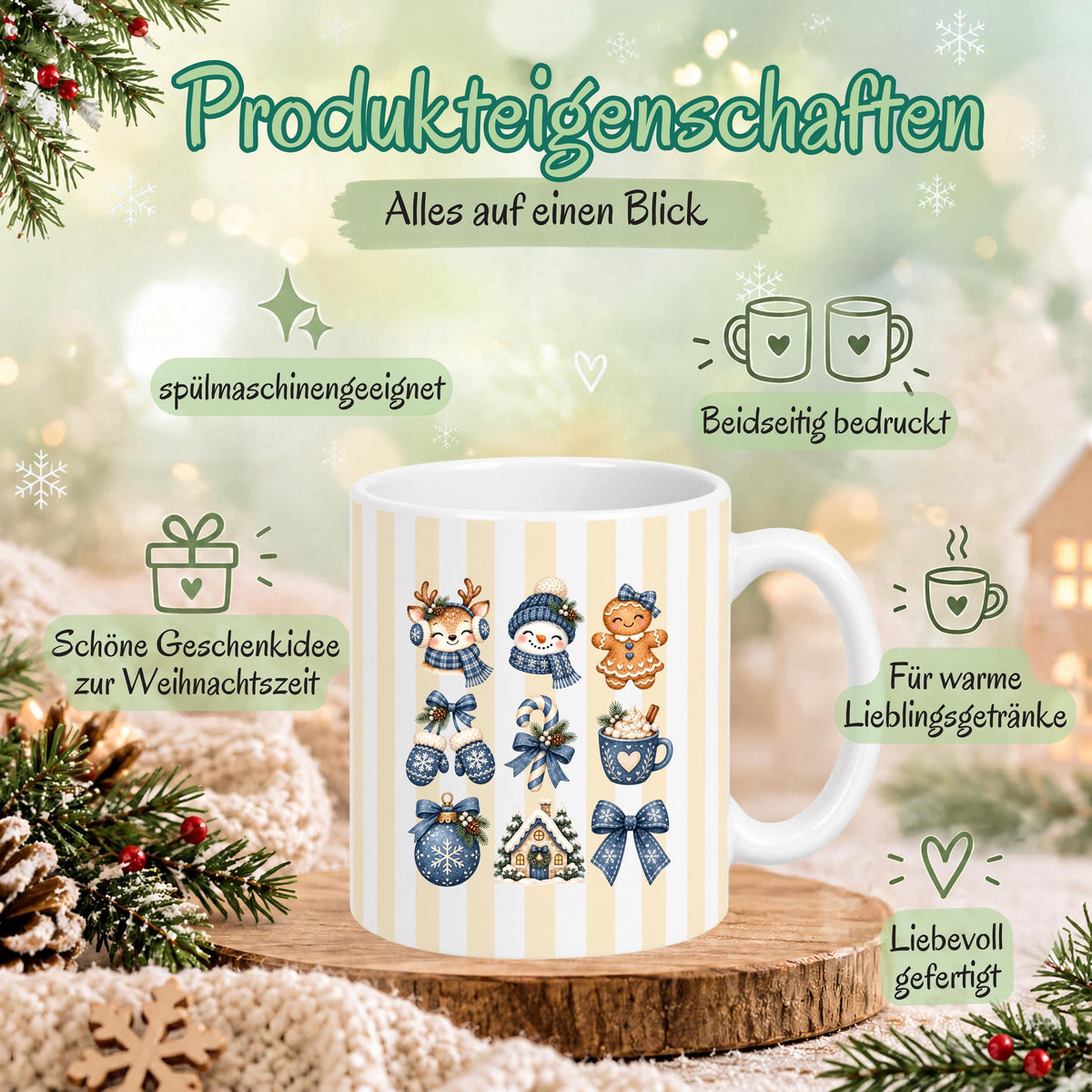 Weihnachtstasse mit winterlichen Wintermotiven zeigt diese Keramiktasse Weihnachten in vier Farben. Diese Kaffeetasse Weihnachten sorgt mit ihrem Design für Adventsstimmung und eignet sich als Wichtelgeschenk-Tasse, Weihnachtsgeschenk-Tasse oder Weihnachtsbecher Geschenk für alle, die Weihnachten lieben. Als Winter Tasse Geschenk oder Winterkaffeetasse begleitet sie dich durch die ganze Weihnachten-und-Winter-Zeit, egal ob als Geschenk für dich selbst oder für liebe Menschen in deinem Leben.