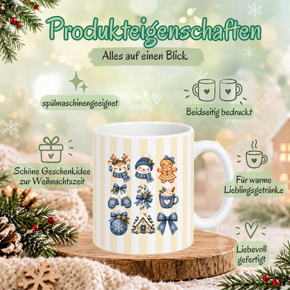 Weihnachtstasse mit winterlichen Wintermotiven zeigt diese Keramiktasse Weihnachten in vier Farben. Diese Kaffeetasse Weihnachten sorgt mit ihrem Design für Adventsstimmung und eignet sich als Wichtelgeschenk-Tasse, Weihnachtsgeschenk-Tasse oder Weihnachtsbecher Geschenk für alle, die Weihnachten lieben. Als Winter Tasse Geschenk oder Winterkaffeetasse begleitet sie dich durch die ganze Weihnachten-und-Winter-Zeit, egal ob als Geschenk für dich selbst oder für liebe Menschen in deinem Leben.
