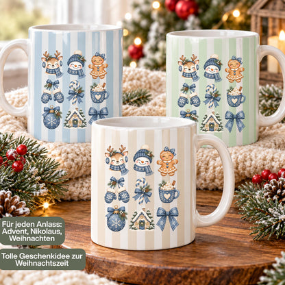 Weihnachtstasse mit winterlichen Wintermotiven zeigt diese Keramiktasse Weihnachten in vier Farben. Diese Kaffeetasse Weihnachten sorgt mit ihrem Design für Adventsstimmung und eignet sich als Wichtelgeschenk-Tasse, Weihnachtsgeschenk-Tasse oder Weihnachtsbecher Geschenk für alle, die Weihnachten lieben. Als Winter Tasse Geschenk oder Winterkaffeetasse begleitet sie dich durch die ganze Weihnachten-und-Winter-Zeit, egal ob als Geschenk für dich selbst oder für liebe Menschen in deinem Leben.