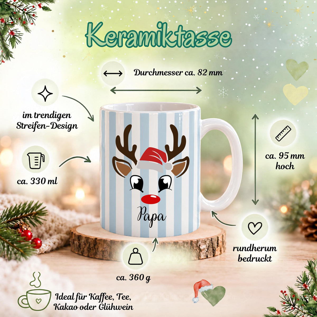 Personalisierte Weihnachtstasse mit Namen zeigt die Keramiktasse in fünf Farben: Pastellgelb, Mintgrün, Rosa, Beige und Hellblau, jeweils mit einem niedlichen Rentier-Gesicht. Diese Tasse personalisiert ist in drei Motiv-Varianten erhältlich: Rentier schlicht, Rentier mit Mütze oder Rentier mit Schleife, und wird mit dem Wunschnamen bedruckt. Diese Tassen mit Namen eignen sich als Weihnachtsgeschenk-Tasse für Mama, Papa oder die ganze Familie und machen aus jeder Kaffeetasse ein Unikat