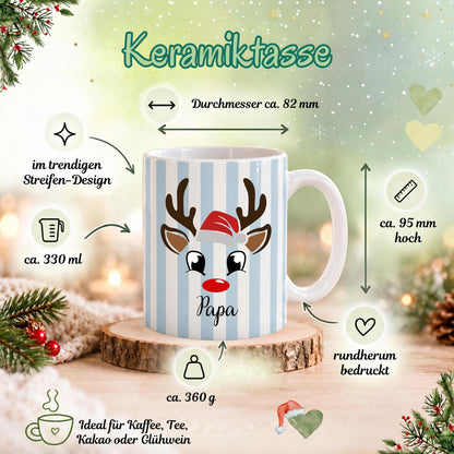 Personalisierte Weihnachtstasse mit Namen zeigt die Keramiktasse in fünf Farben: Pastellgelb, Mintgrün, Rosa, Beige und Hellblau, jeweils mit einem niedlichen Rentier-Gesicht. Diese Tasse personalisiert ist in drei Motiv-Varianten erhältlich: Rentier schlicht, Rentier mit Mütze oder Rentier mit Schleife, und wird mit dem Wunschnamen bedruckt. Diese Tassen mit Namen eignen sich als Weihnachtsgeschenk-Tasse für Mama, Papa oder die ganze Familie und machen aus jeder Kaffeetasse ein Unikat
