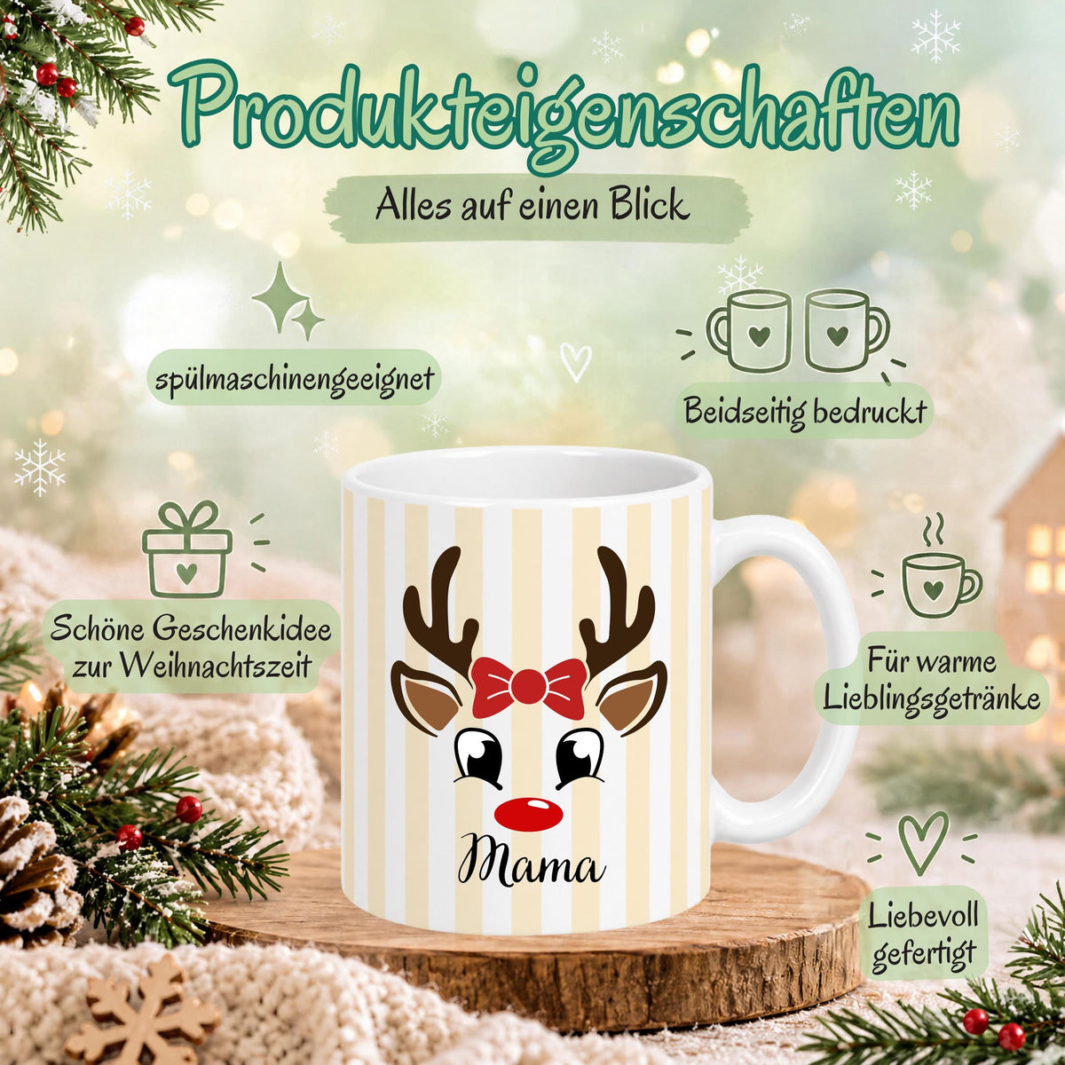 Personalisierte Weihnachtstasse mit Namen zeigt die Keramiktasse in fünf Farben: Pastellgelb, Mintgrün, Rosa, Beige und Hellblau, jeweils mit einem niedlichen Rentier-Gesicht. Diese Tasse personalisiert ist in drei Motiv-Varianten erhältlich: Rentier schlicht, Rentier mit Mütze oder Rentier mit Schleife, und wird mit dem Wunschnamen bedruckt. Diese Tassen mit Namen eignen sich als Weihnachtsgeschenk-Tasse für Mama, Papa oder die ganze Familie und machen aus jeder Kaffeetasse ein Unikat