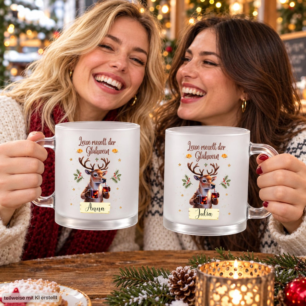 Personalisierte Glühweintasse mit Namen und dem Spruch „Leise rieselt der Glühwein" zeigt diese transparente, satinierte Glastasse mit einem Rentier, das zwei Gläser Glühwein hält, umgeben von Tannengrün und Sternen. Diese Tasse personalisiert wird mit dem Wunschnamen auf einem kleinen Schild bedruckt. Diese Weihnachtstasse mit Namen eignet sich als Weihnachtsgeschenk-Tasse für Mama, Papa oder die ganze Familie und macht aus jeder Glühweintasse ein persönliches Unikat für die Adventszeit.