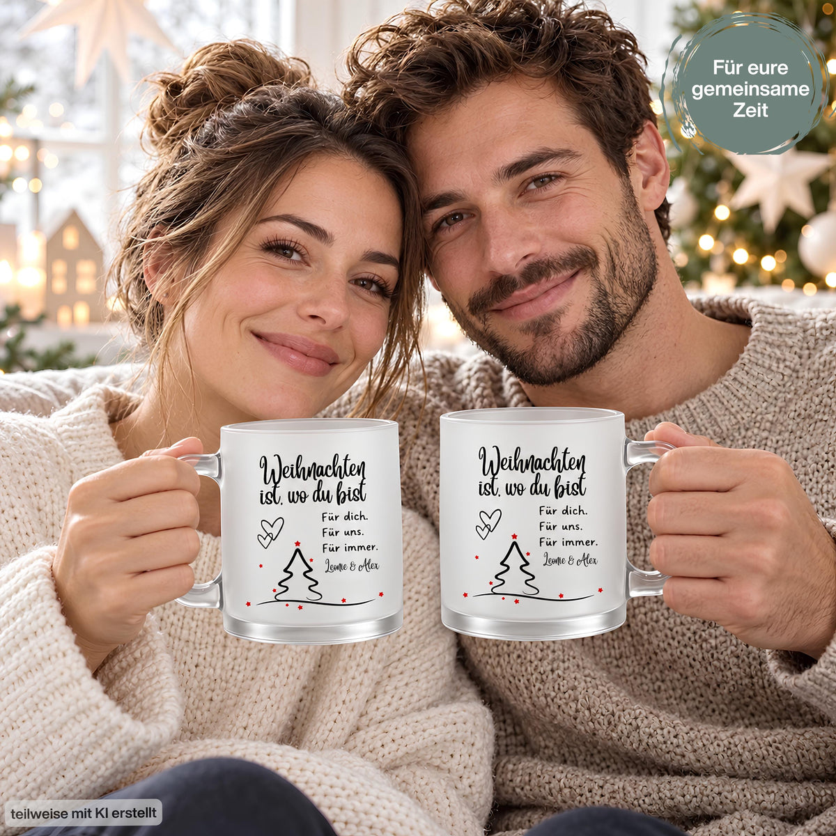 Personalisierte Weihnachtstasse mit Namen zeigt diese transparente, satinierte Glastasse mit dem Spruch „Weihnachten ist, wo du bist". Diese Paar Tasse personalisiert mit Wunschnamen ist eine Weihnachtstasse personalisiert für Paare und eignet sich als Tasse Weihnachten Name für den Partner oder die Partnerin. Als Weihnachtsgeschenk-Tasse, Tasse Weihnachten Geschenk oder besondere Kaffeetasse Weihnachten macht diese Tassen mit Namen jede Weihnachtstasse Geschenk zu einem persönlichen Unikat