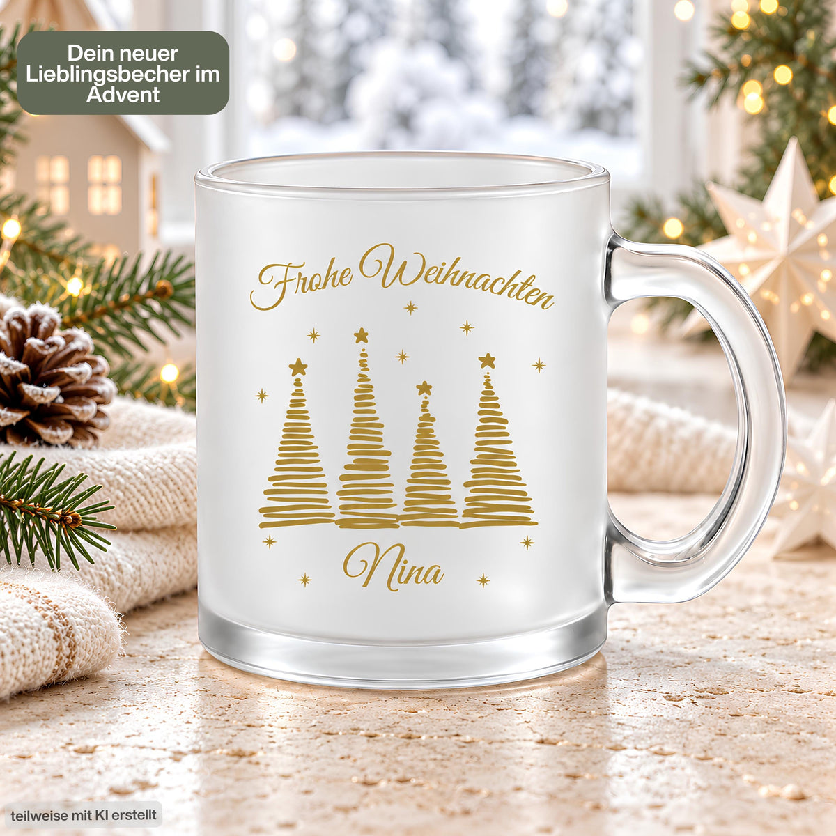 Personalisierte Weihnachtstasse mit Namen aus satiniertem, transparentem Glas mit goldener Schrift „Frohe Weihnachten" und vier goldenen Tannenbäumen mit Sternen. Diese Tasse personalisiert wird individuell mit deinem Wunschnamen bedruckt und eignet sich als Weihnachtsgeschenk für Familie, Freunde, Kollegen oder Großeltern. Als besondere Kaffeetasse Weihnachten ist diese Tasse mit Namen ein liebevolles Unikat für die ganze Weihnachtszeit. Paar Tasse, Geschenk Freundin, personalisiertes Gesc