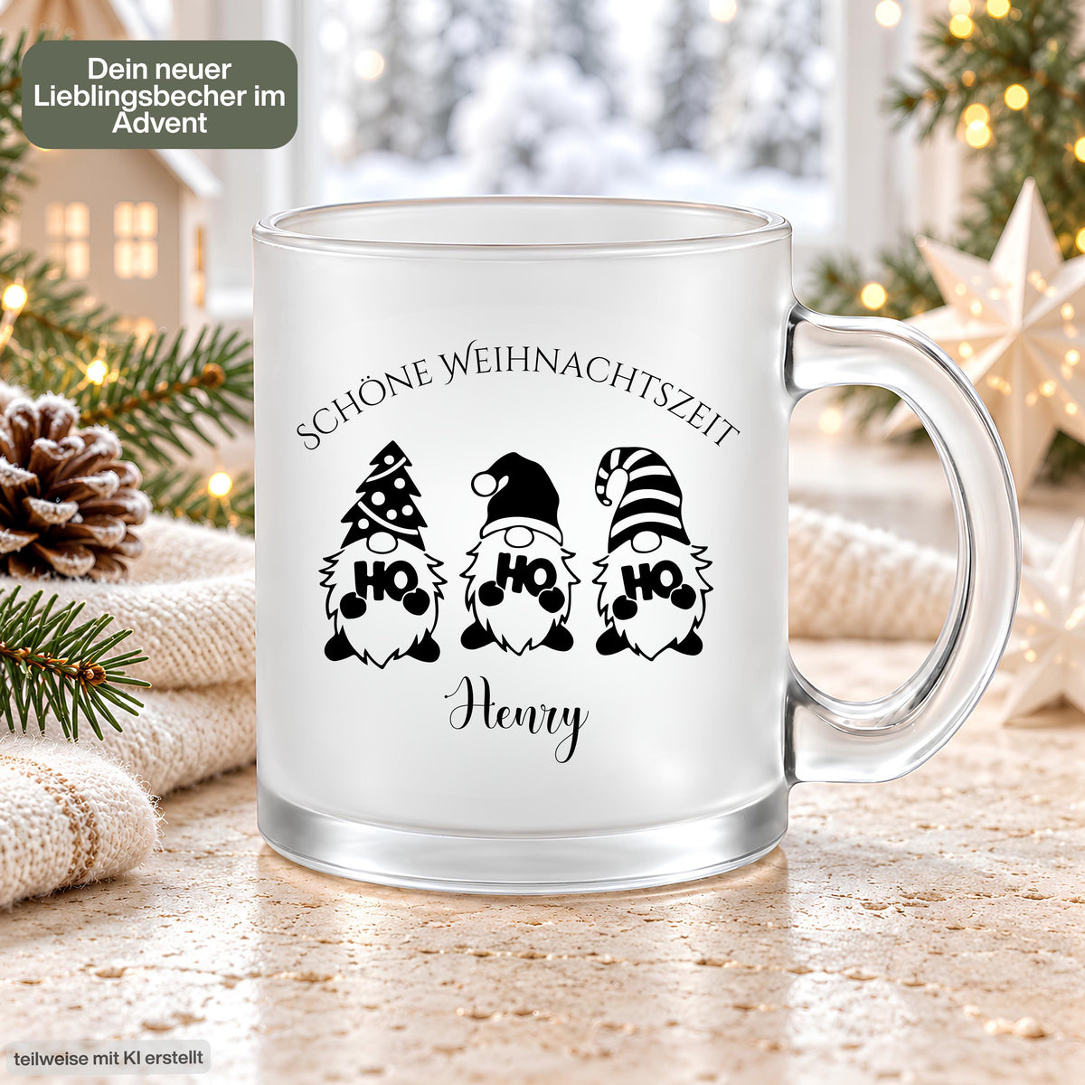 Personalisierte Weihnachtstasse mit Namen aus satiniertem, transparentem Glas zeigt drei fröhliche Wichtel mit „HOHOHO" auf dem Bauch und den Schriftzug „Schöne Weihnachtszeit". Diese Tasse personalisiert wird individuell mit deinem Wunschnamen bedruckt und eignet sich als Weihnachtsgeschenk für Kinder, Familie, Freunde oder Kollegen. Als besondere Kaffeetasse Weihnachten ist diese Tasse mit Namen ein fröhliches Unikat für die ganze Weihnachtszeit. Glühweintasse mit Name, Geschenk Freu