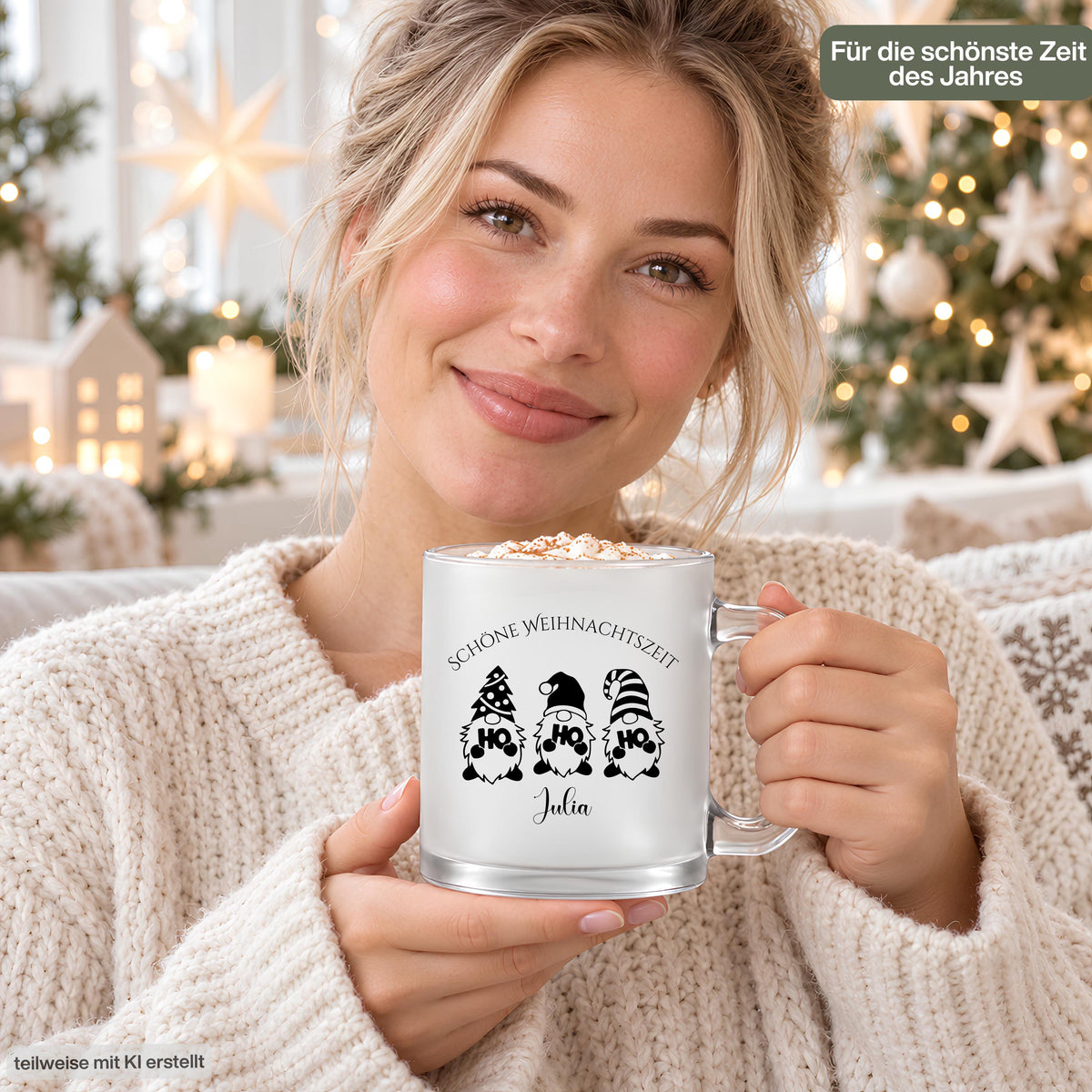 Personalisierte Weihnachtstasse mit Namen aus satiniertem, transparentem Glas zeigt drei fröhliche Wichtel mit „HOHOHO" auf dem Bauch und den Schriftzug „Schöne Weihnachtszeit". Diese Tasse personalisiert wird individuell mit deinem Wunschnamen bedruckt und eignet sich als Weihnachtsgeschenk für Kinder, Familie, Freunde oder Kollegen. Als besondere Kaffeetasse Weihnachten ist diese Tasse mit Namen ein fröhliches Unikat für die ganze Weihnachtszeit. Glühweintasse mit Name, Geschenk Freu