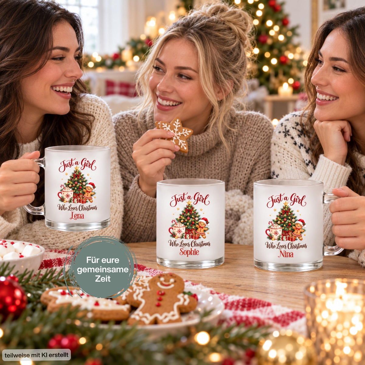Drei Frauen sitzen mit personalisierten Weihnachtstassen am festlich gedeckten Tisch. Die satinierten Glastassen tragen die Beispielnamen Lena, Sophie und Nina sowie „Just a Girl Who Loves Christmas“ mit Tannenbaum, Lebkuchenmann, Kakao und Geschenken. Plätzchen, Marshmallows, Kerzen und ein beleuchteter Weihnachtsbaum schaffen Adventsstimmung. Das Bild trägt den Hinweis „Für eure gemeinsame Zeit“. Die beidseitig bedruckte 300-ml-Tasse mit Wunschname ist ein persönliches Weihnachtsgeschenk für Freundinnen.