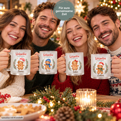 Mehrere Personen präsentieren personalisierte Familientassen mit unterschiedlichen Lebkuchenfiguren, umgeben von Plätzchen, Weihnachtslichtern und festlicher Dekoration. Die Lebkuchenmotive sind von einem Tannenkranz mit Zapfen, Beeren und goldenen Sternen umrahmt und tragen „Weihnachten schmeckt zusammen am besten“. Die satinierte 300-ml-Glastasse wird beidseitig mit Wunschname bedruckt. Persönliches Weihnachtsgeschenk für Familie, Freunde oder Kollegen, auch zu Nikolaus oder zum Wichteln. Im Advent.