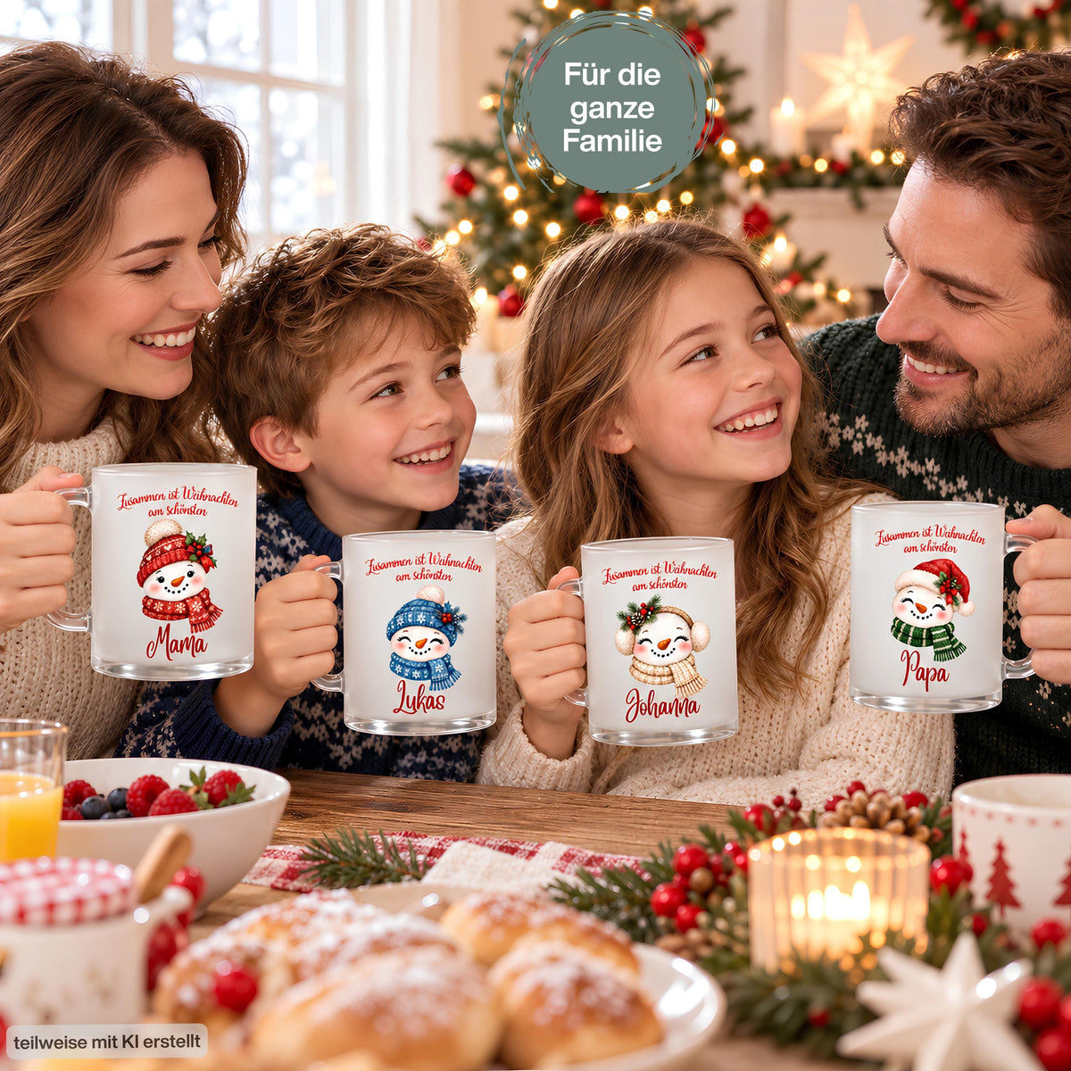 Familie beim Weihnachtsfrühstück mit vier personalisierten Schneemann-Glastassen: Mama trägt rote Mütze und Schal, Lukas ein blaues Set, Johanna beige Ohrenschützer und Papa eine Nikolausmütze mit grünem Schal. Die Eltern und zwei Kinder halten ihre Becher mit Namen in die Kamera. Auf dem Tisch liegen Brot, Früchte, Tannengrün und rote Beeren neben einer Kerze; im Hintergrund leuchtet ein Weihnachtsbaum. „Für die ganze Familie“ ergänzt die Geschenkidee für gemeinsame Kakao- und Kaffeemomente im Advent.