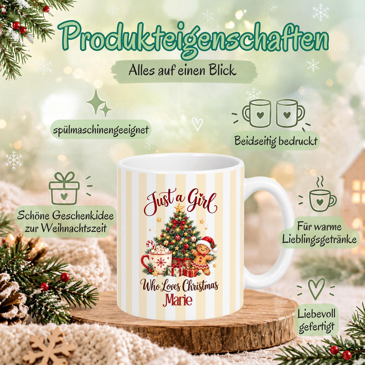Produkteigenschaften der personalisierten Weihnachtstasse mit Namen Marie und pastellgelben Streifen: spülmaschinengeeignete Keramiktasse mit Weihnachtsmotiv und Druck auf beiden Seiten. Just a Girl Who Loves Christmas mit Weihnachtsbaum und Lebkuchenfigur. Tasse mit Wunschname für warme Getränke wie Kaffee, Tee, Kakao oder Glühwein. Weihnachtsgeschenk für Frauen, beste Freundin, Schwester oder Mama. Individueller Weihnachtsbecher als Nikolausgeschenk und Wichtelgeschenk in der Adventszeit.