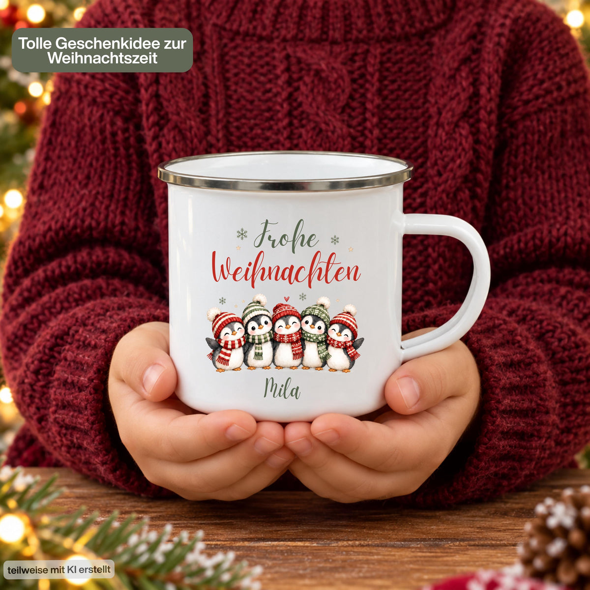 Personalisierte Weihnachtstasse für Kinder aus weißer Emaille mit silberfarbenem Rand und weißem Henkel. Die Kindertasse wird mit Wunschname und ausgewähltem Weihnachtsmotiv bedruckt. Persönlicher Kinderbecher als Weihnachtsgeschenk oder Nikolausgeschenk für Kinder, Enkelkinder und Patenkinder. Zur Auswahl stehen Weihnachtszug, Pinguine, Rentier-Weihnachtspost und Fuchs-Schneekugel. Geliefert wird eine Tasse im gewählten Design. Eine Person hält die Tasse mit beiden Händen.