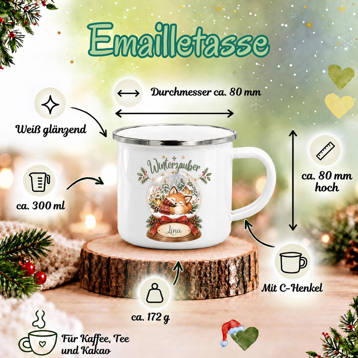 Personalisierte Weihnachtstasse für Kinder aus weißer Emaille mit silberfarbenem Rand und weißem Henkel. Die Kindertasse wird mit Wunschname und ausgewähltem Weihnachtsmotiv bedruckt. Persönlicher Kinderbecher als Weihnachtsgeschenk oder Nikolausgeschenk für Kinder, Enkelkinder und Patenkinder. Zur Auswahl stehen Weihnachtszug, Pinguine, Rentier-Weihnachtspost und Fuchs-Schneekugel. Geliefert wird eine Tasse im gewählten Design. Infografik zu Material und Maßen der Emailletasse.
